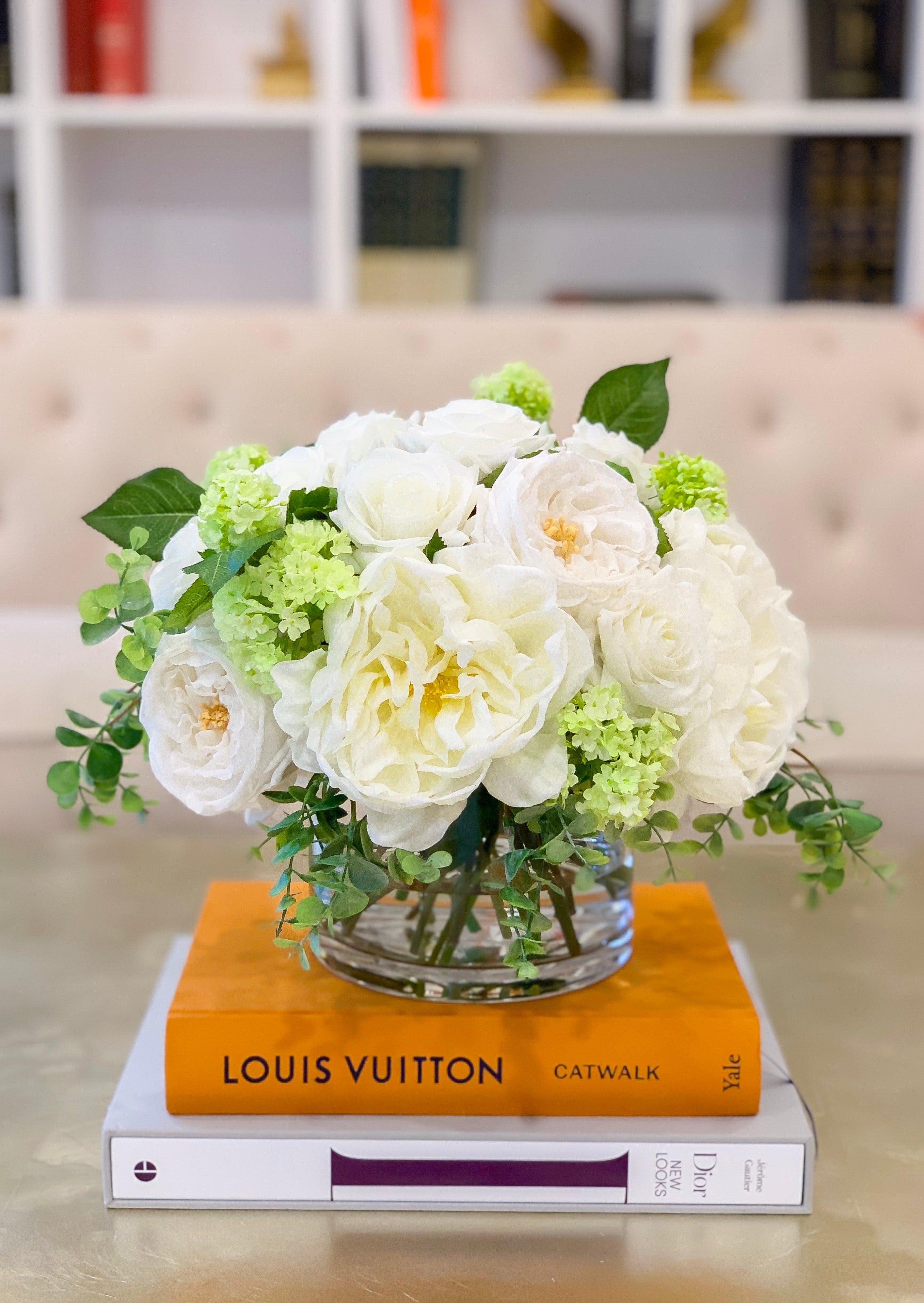 Large Real Touch Centerpiece-White Real Touch Roses-Peonies Arrangement Dining Room-White Real Touch Floral Arrangement-Faux Peony/Roses - Flovery Main image