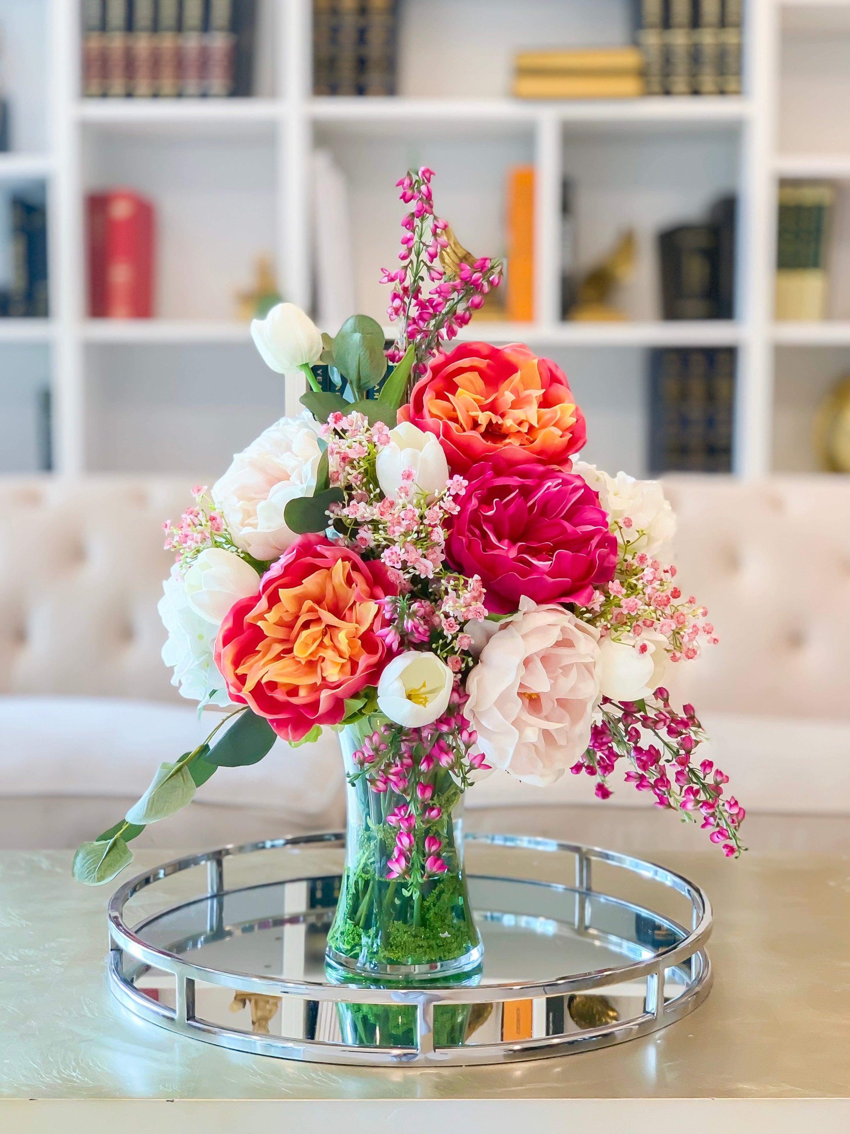 Large Real Touch Flower Arrangement-Large Dining Table Centerpiece-Real Touch Pink/Magenta Peony Centerpiece-Tulip Hydrangea Centerpiece - Flovery