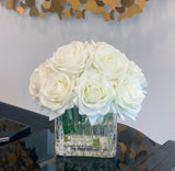 Real Touch White Roses Arrangement In New Design Vase -Artificial Faux Silk Flowers - Centerpiece - Flovery