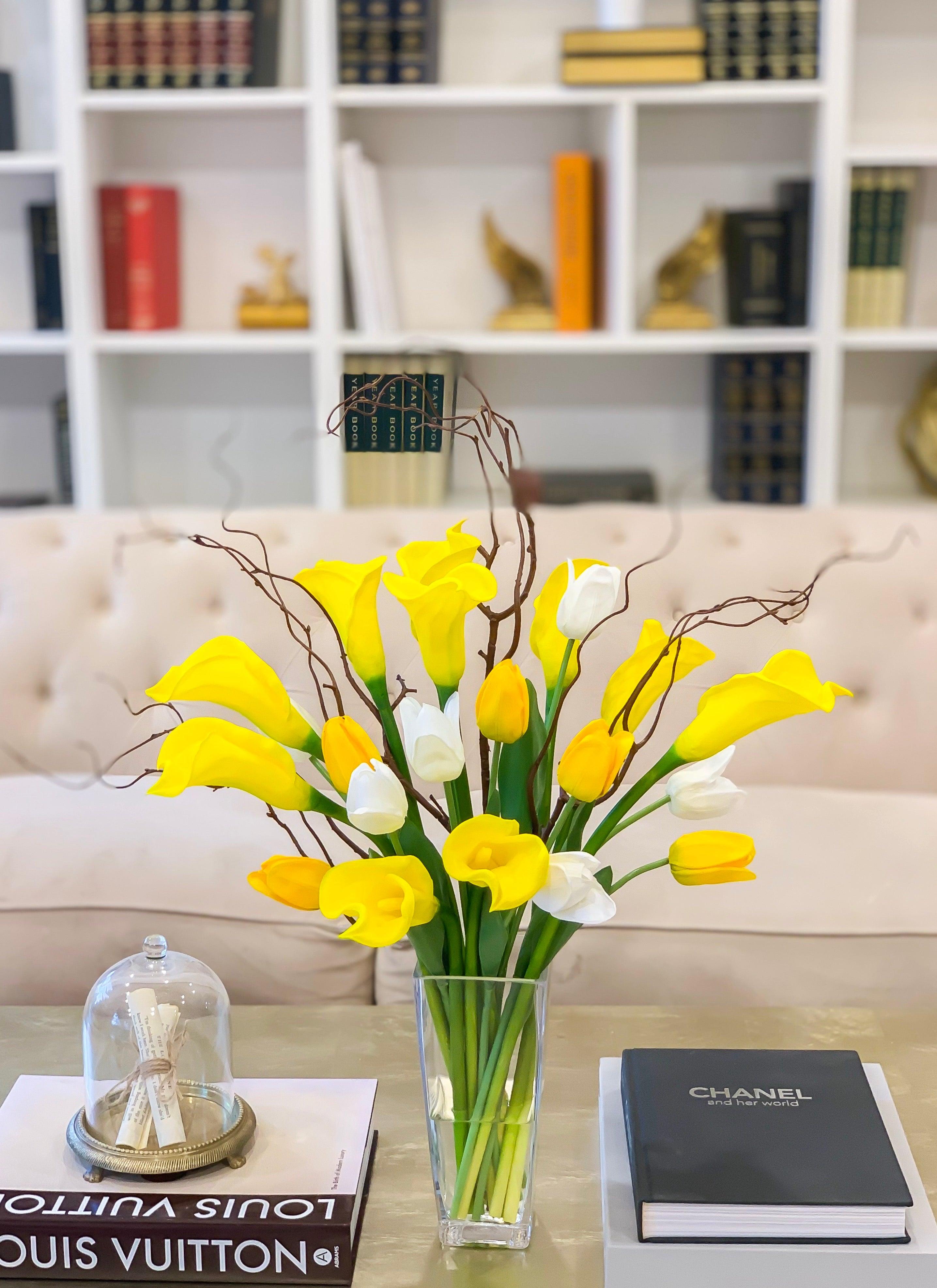 yellow and white calla lily bouquet Yellow/White Real Touch Calla Lily Arrangement – Flovery.com