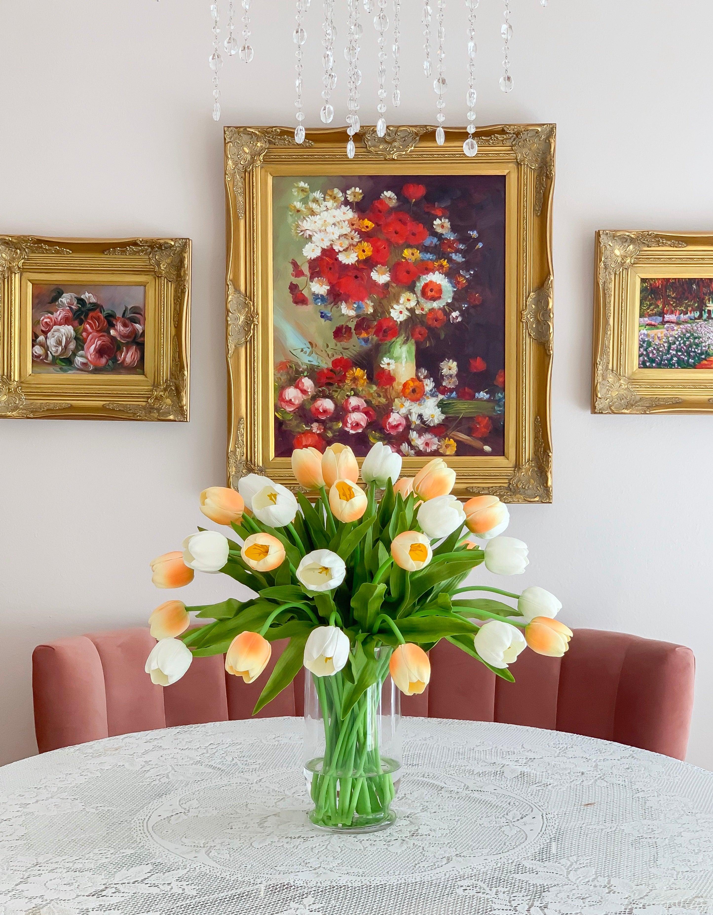 24" Large Tulip Centerpiece-Flower Arrangement Home Decor-White/Peach Large Tulip Arrangement in Vase-Dining Table Centerpiece Home Decor - Flovery