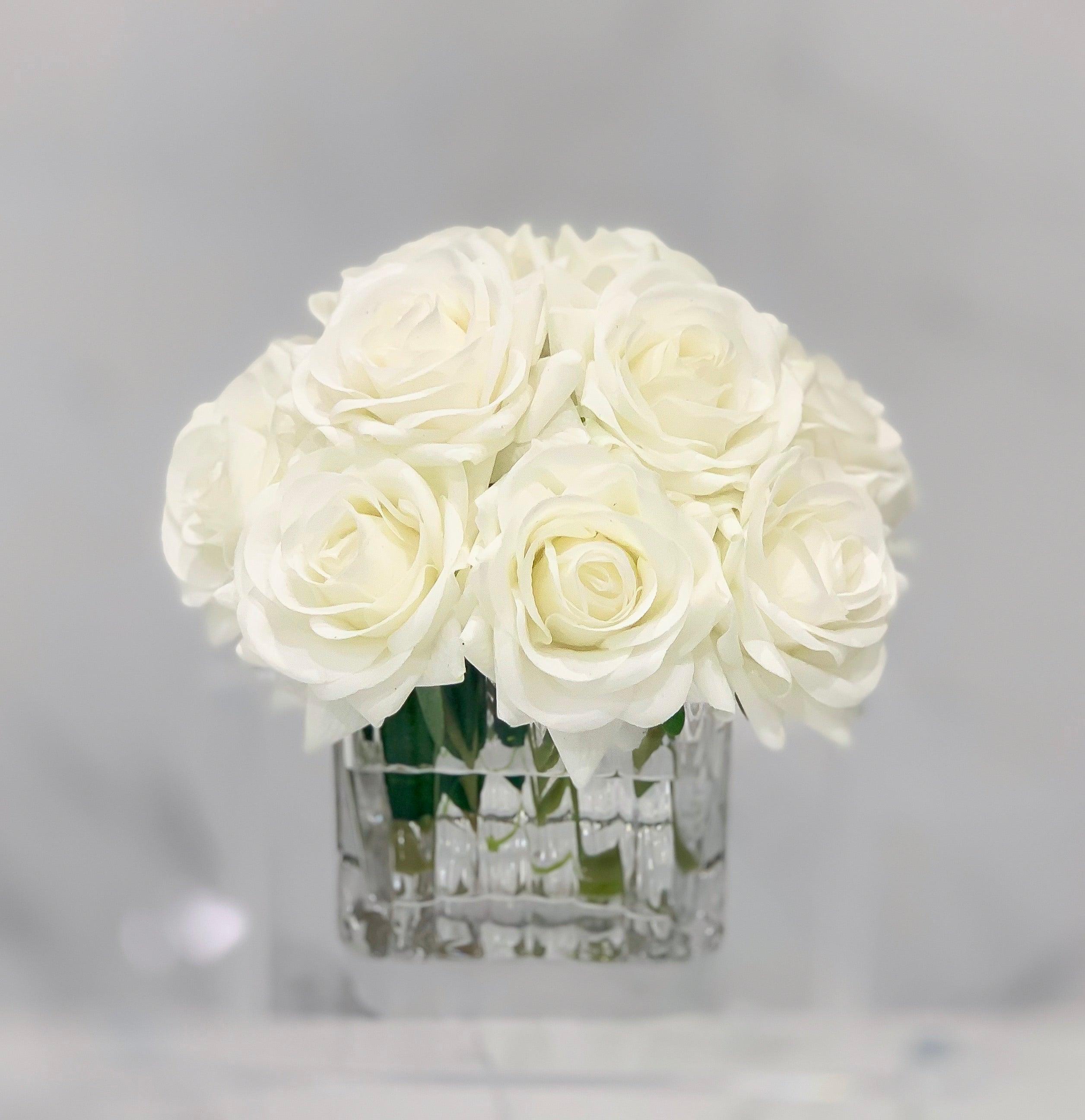 Real Touch White Roses Arrangement In New Design Vase -Artificial Faux Silk Flowers - Centerpiece - Flovery