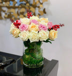 Real Touch Flowers Arrangement- White Cream, Purple Lavender Rose Arrangements- Flovery Everlasting Centerpiece - All Occasion-Home Decor - Flovery