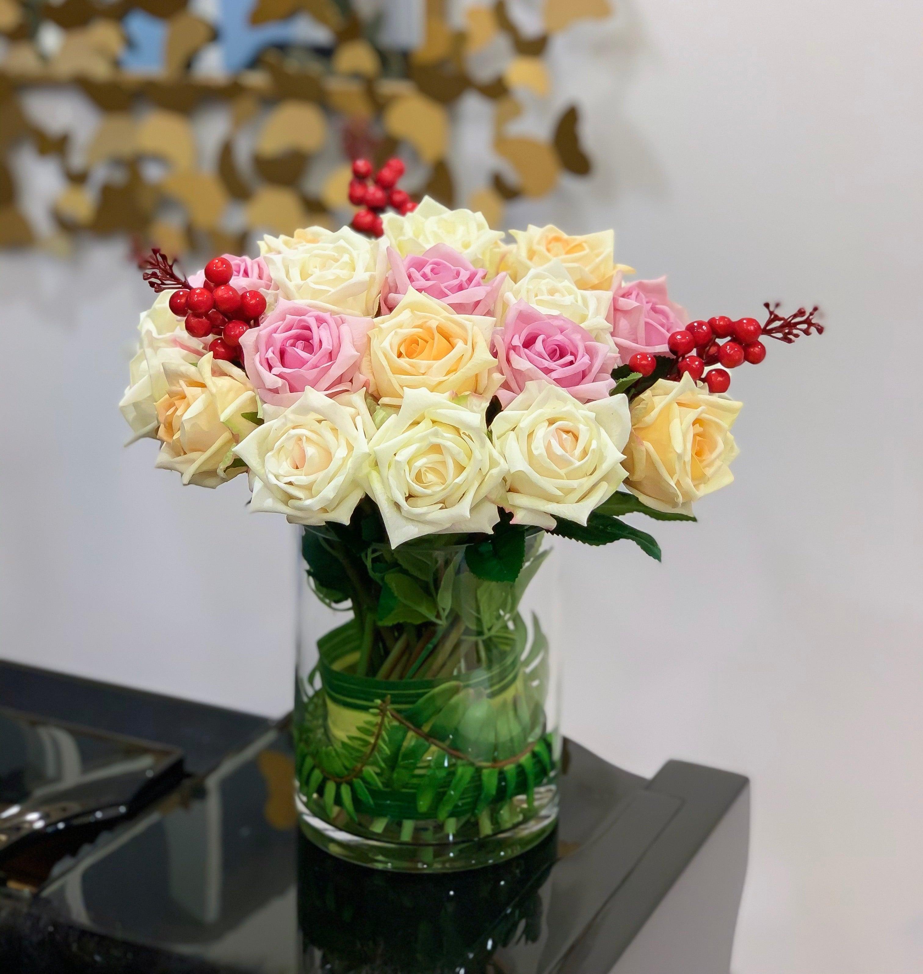 Real Touch Flowers Arrangement- White Cream, Purple Lavender Rose Arrangements- Flovery Everlasting Centerpiece - All Occasion-Home Decor - Flovery