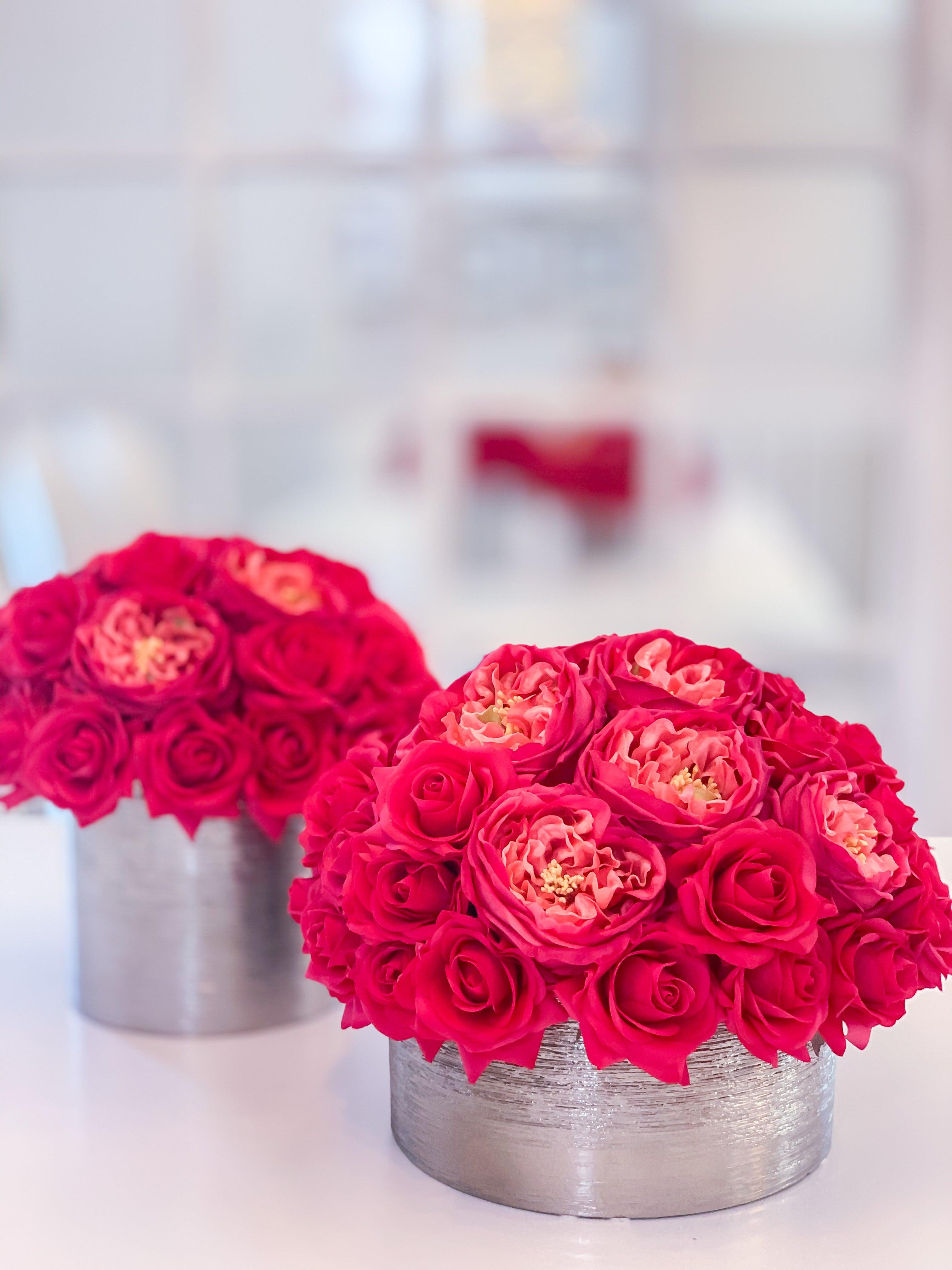 Set of 2 Luxury Real Touch Red Rose Arrangement in Metal Container Secondary image