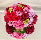 Red Rose Hydrangea Real Touch Arrangement in Gold Vase - Flovery
