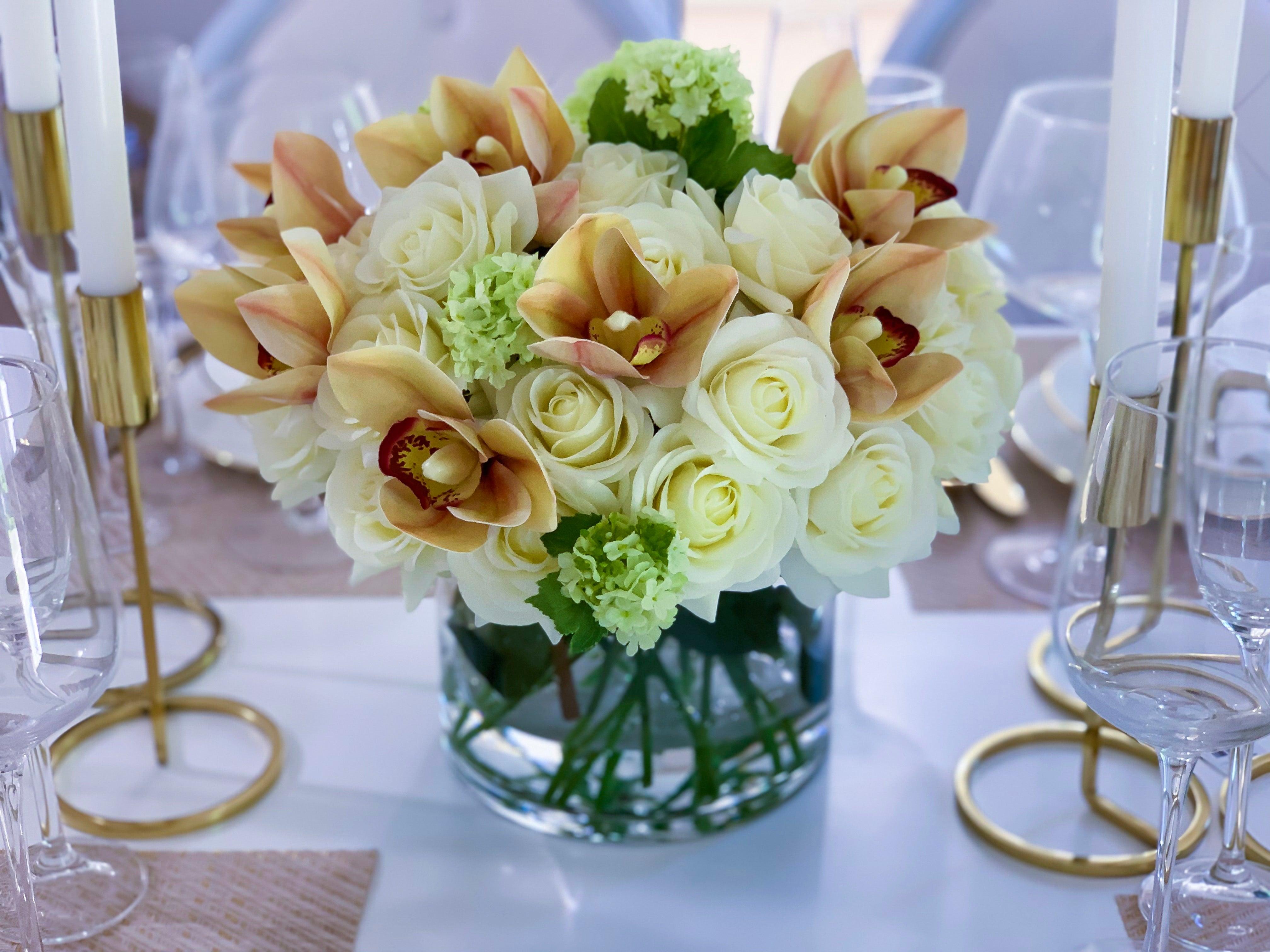 30 Real Touch White Cream Roses Orchids Centerpiece Secondary image