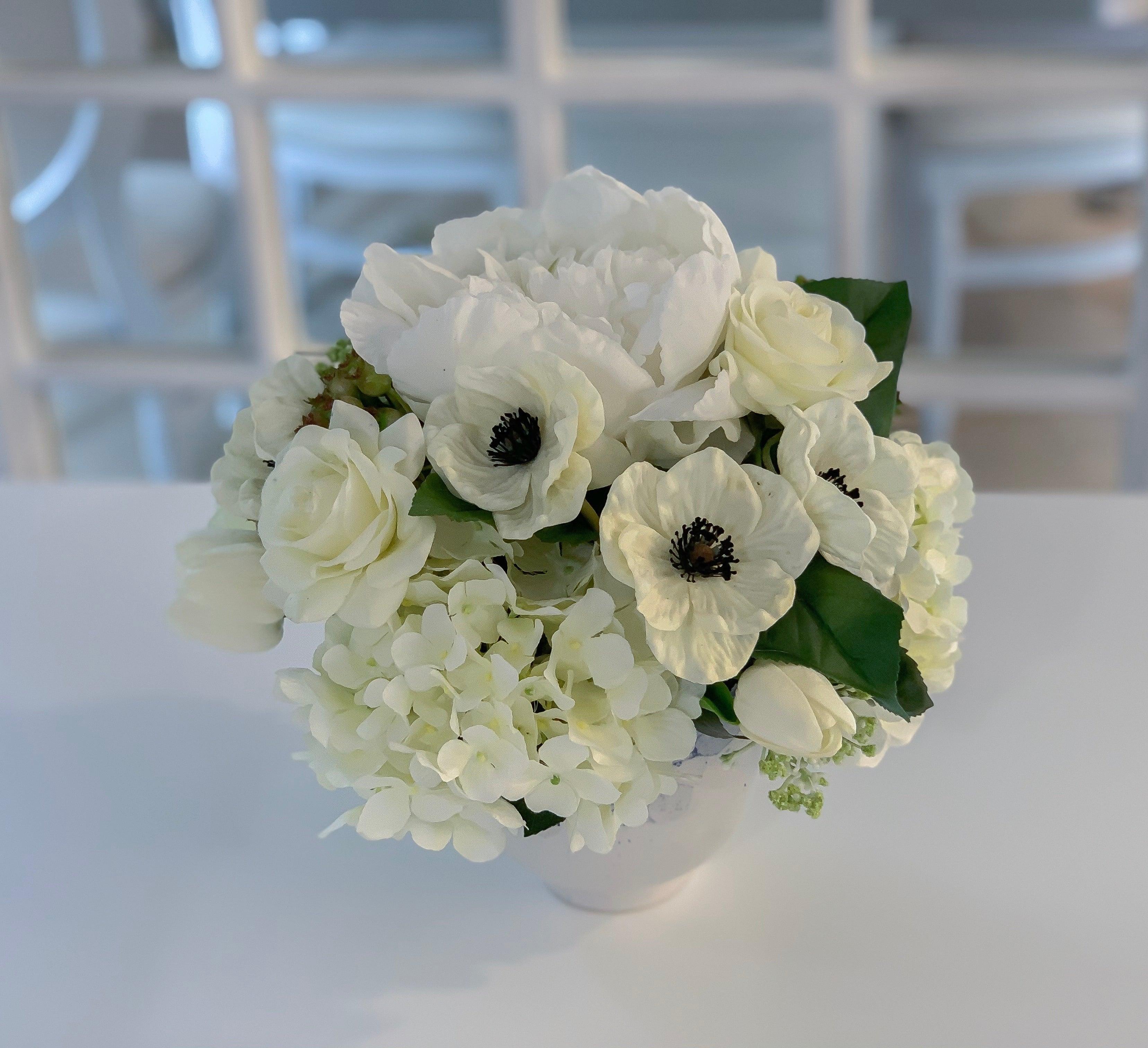 Mixed Real Touch White Flowers In Porcelain Vase - Flovery
