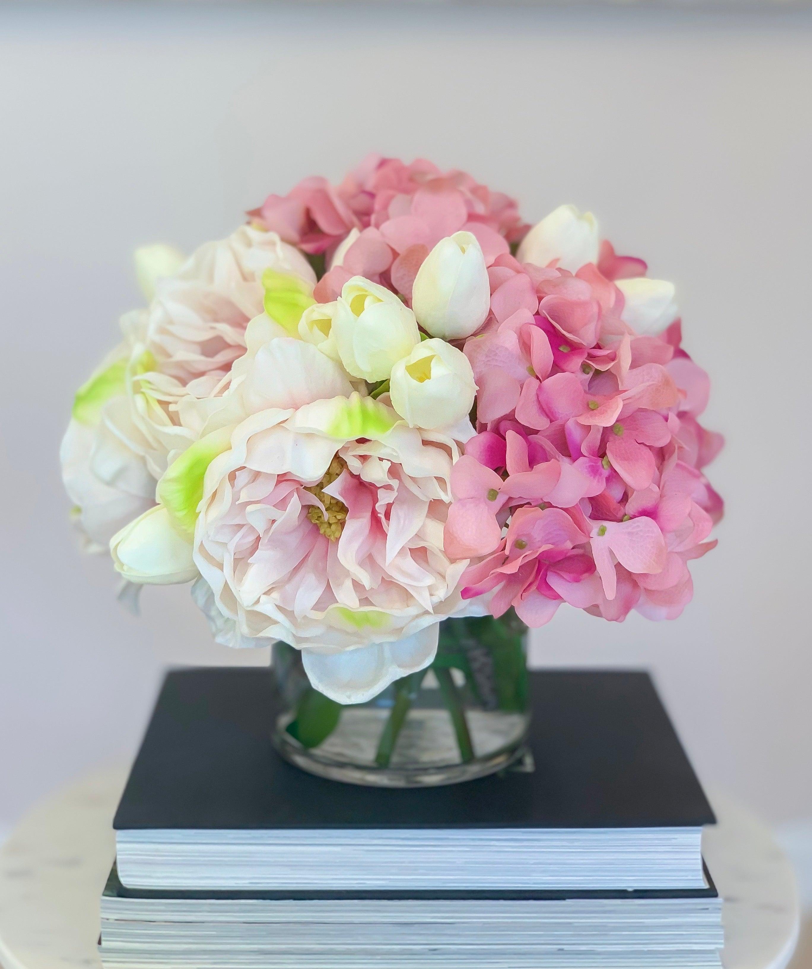 All Real Touch Flower Arrangement -Pink Peonies Centerpiece-Real Touch Peonies-Real Touch Hydrangea -Tulip Arrangement-Pink Arrangement - Flovery