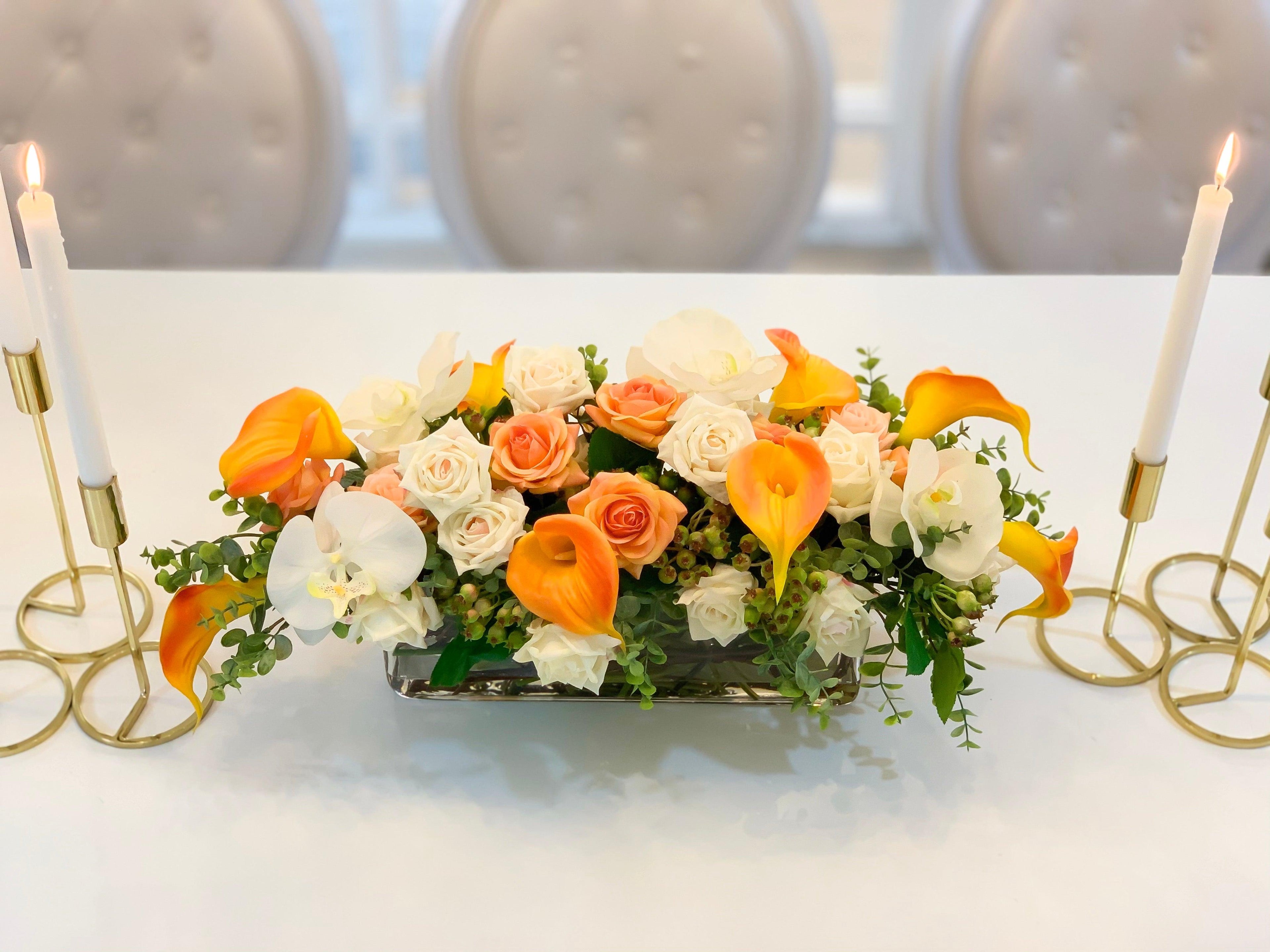 25" Large Real Touch Orange Calla Lily Mixed White Rose, Orchid Arrangement- 0range/White Real Touch Flowers Arrangement-Fall Centerpieces - Flovery