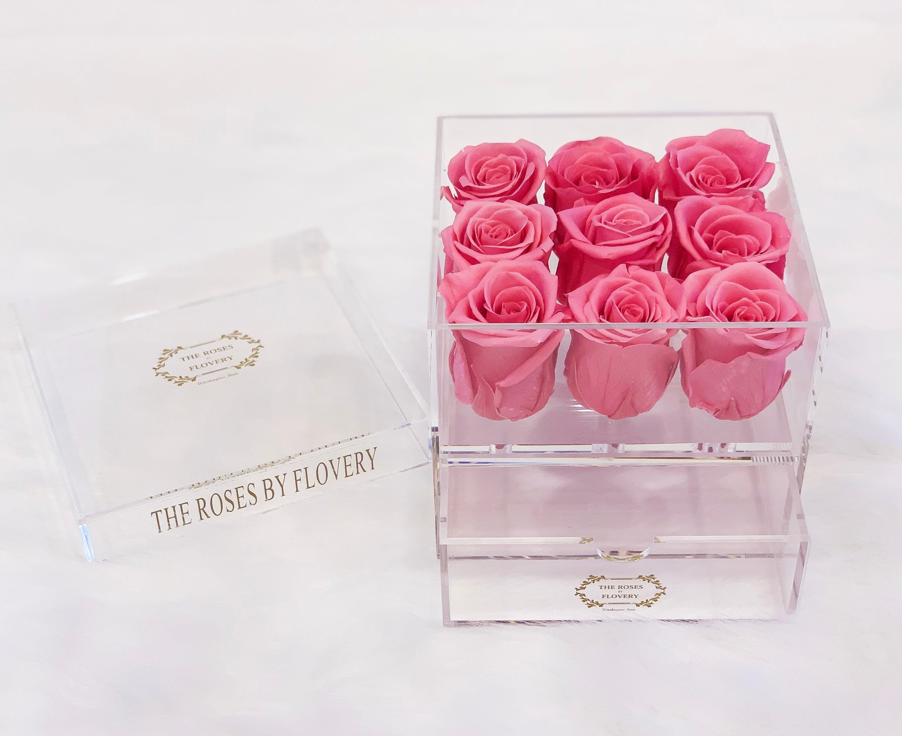 9 PREMIUM ECUADOR PRESERVED SWEET PINK ROSES ARRANGEMENT IN JEWELRY ACRYLIC BOX WITH DRAWER - Flovery