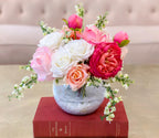 Real Touch Centerpiece English Magenta Roses Arrangement Mixed Pink Rose, White roses, Flowers Centerpiece - Flovery