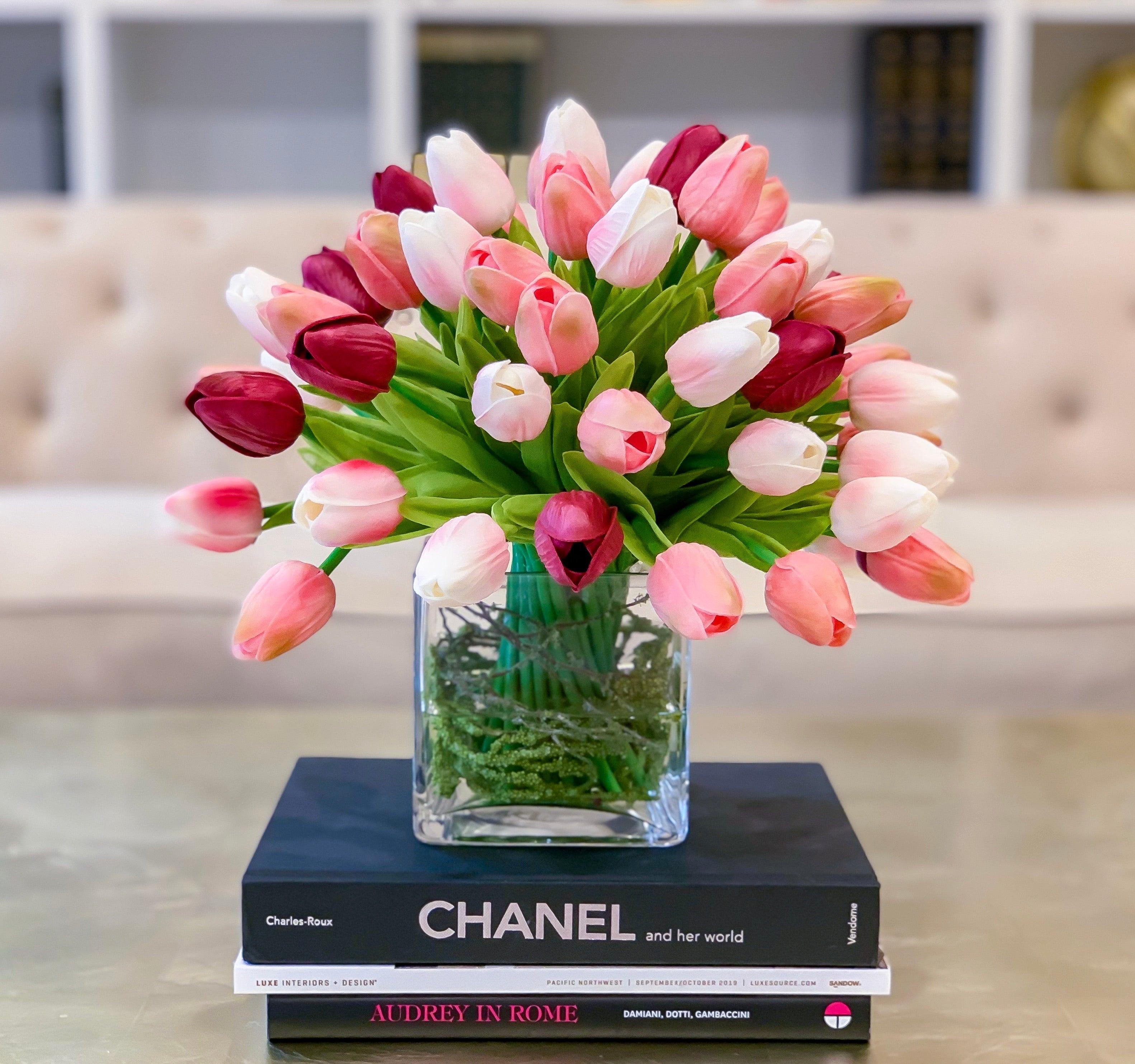 Faux Real Touch Tulips Centerpiece for Dining Table  Pink Tulip Artificial Arrangement - Flovery Main image