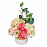 Elegant design Real Touch Hydrangea, Cymbidium Orchid, Ranunculus Arrangement In White Gold Ceramic Vase - Flovery