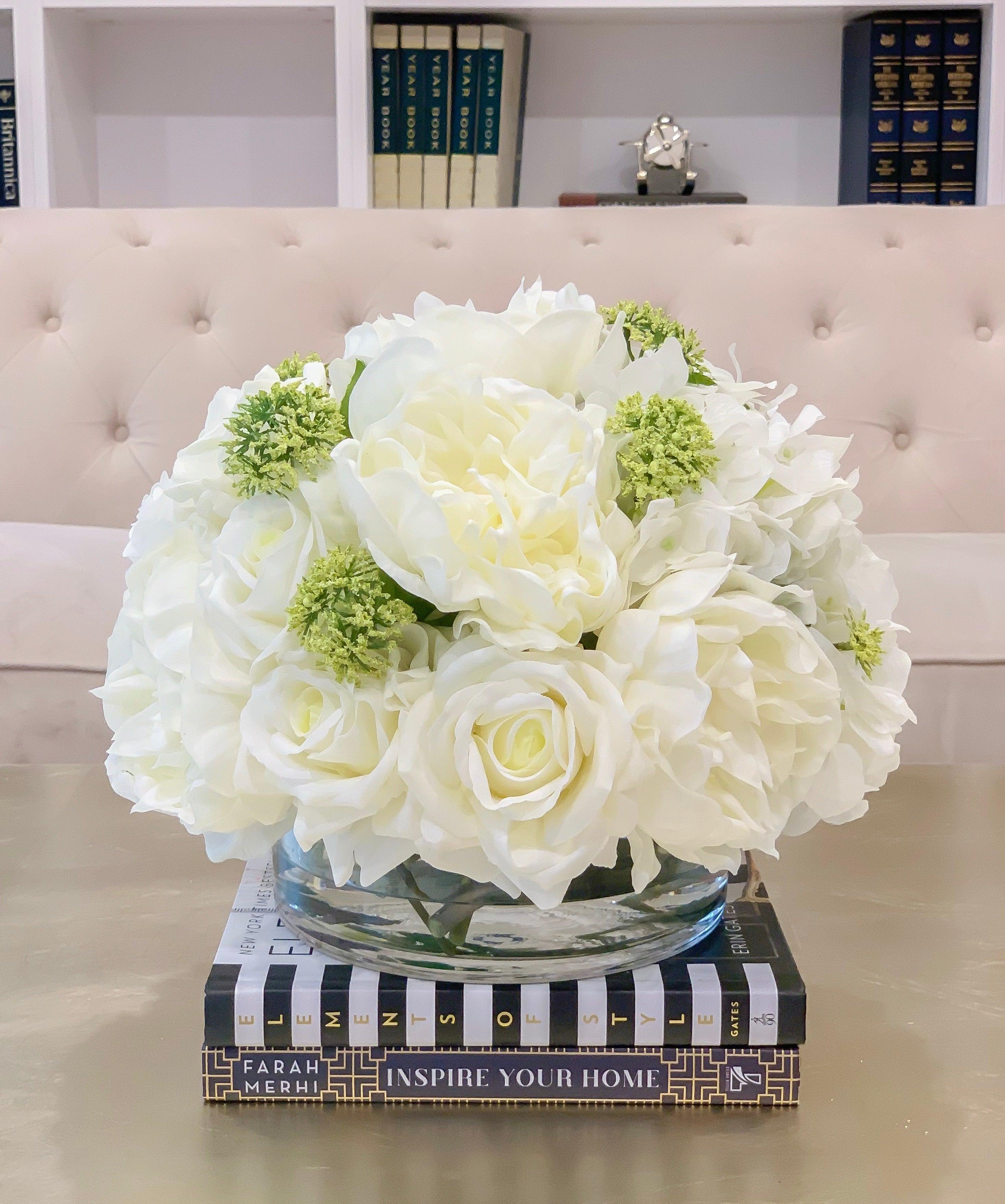 Large Real Touch Centerpiece-White Real Touch Roses-Peonies-Hydrangea Arrangement Dining Room-White Floral Arrangement-Luxury Faux Flowers - Flovery