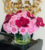 Large elegant arrangement with finest real touch purple roses and orchid - Flovery