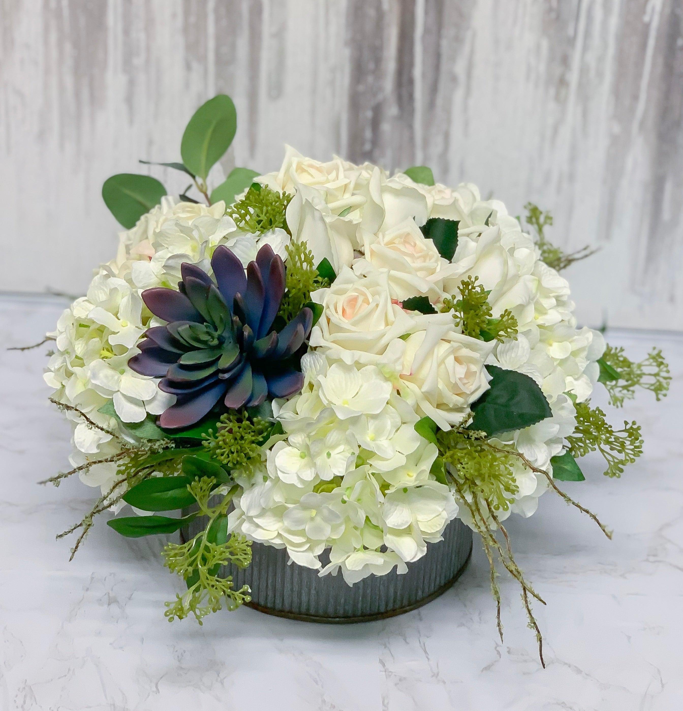 Centerpiece Arrangement - Real Touch White Rose Mixed Finest Artificial Cactus And Hydrangea - Flovery Main image