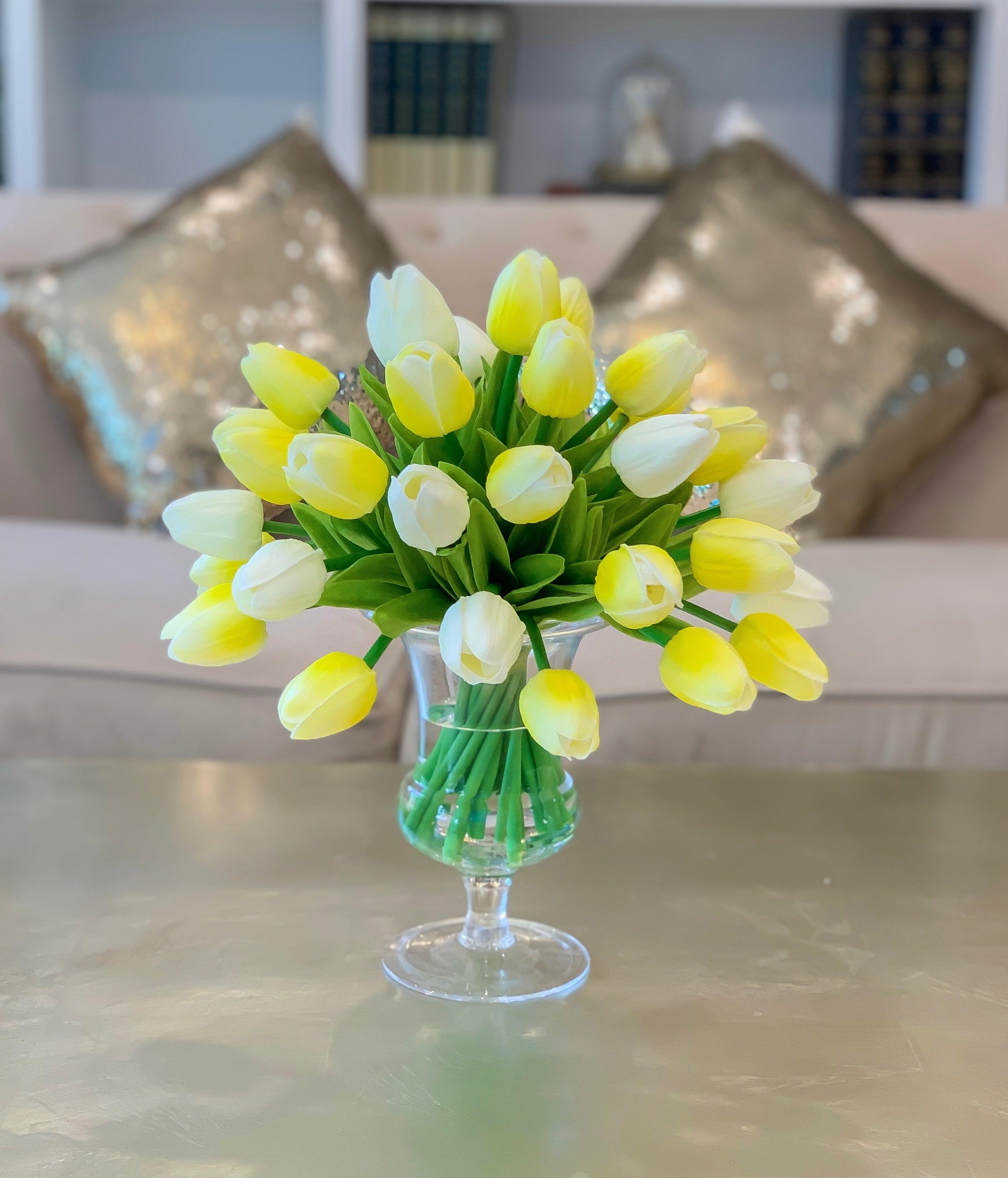 White Yellow Real Touch Tulip Centerpiece Footed Vase Secondary image