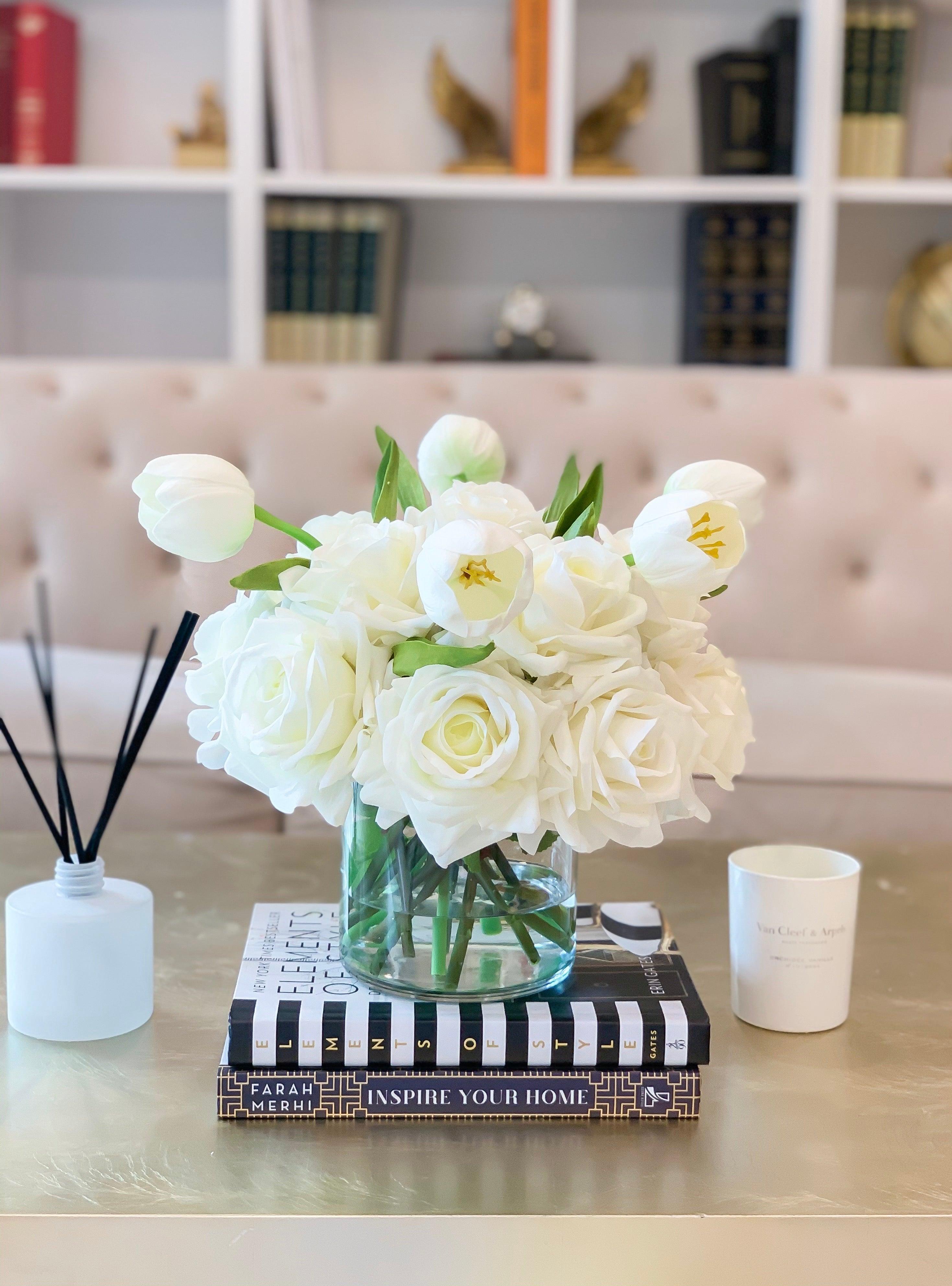 White Real Touch Flower Arrangement-Large Real Touch Rose Arrangement-Tulip Arrangement-Artificial Flower Arrangement-Tulip Centerpiece - Flovery