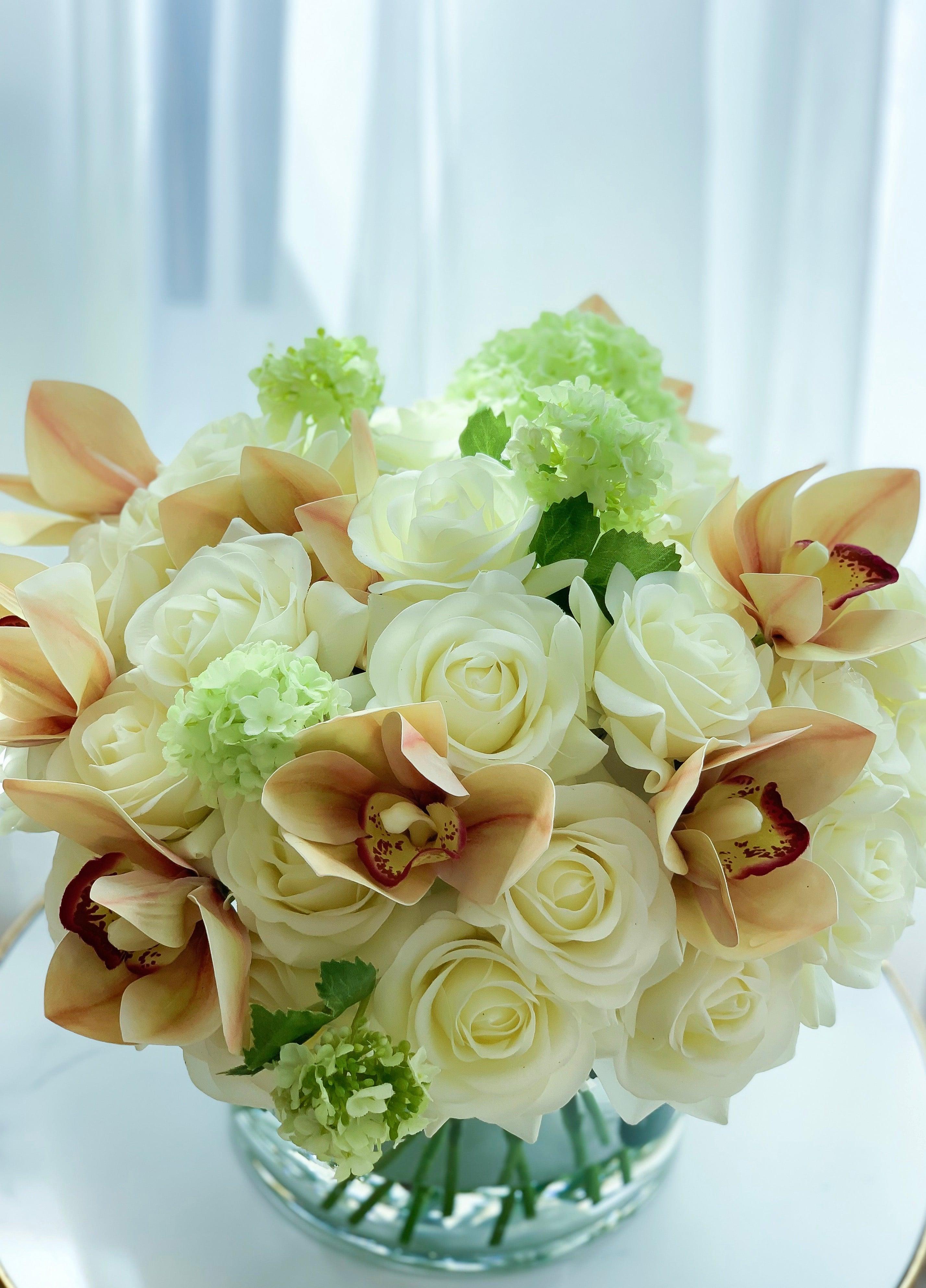 30 Real Touch White Cream Roses Orchids Centerpiece - Flovery