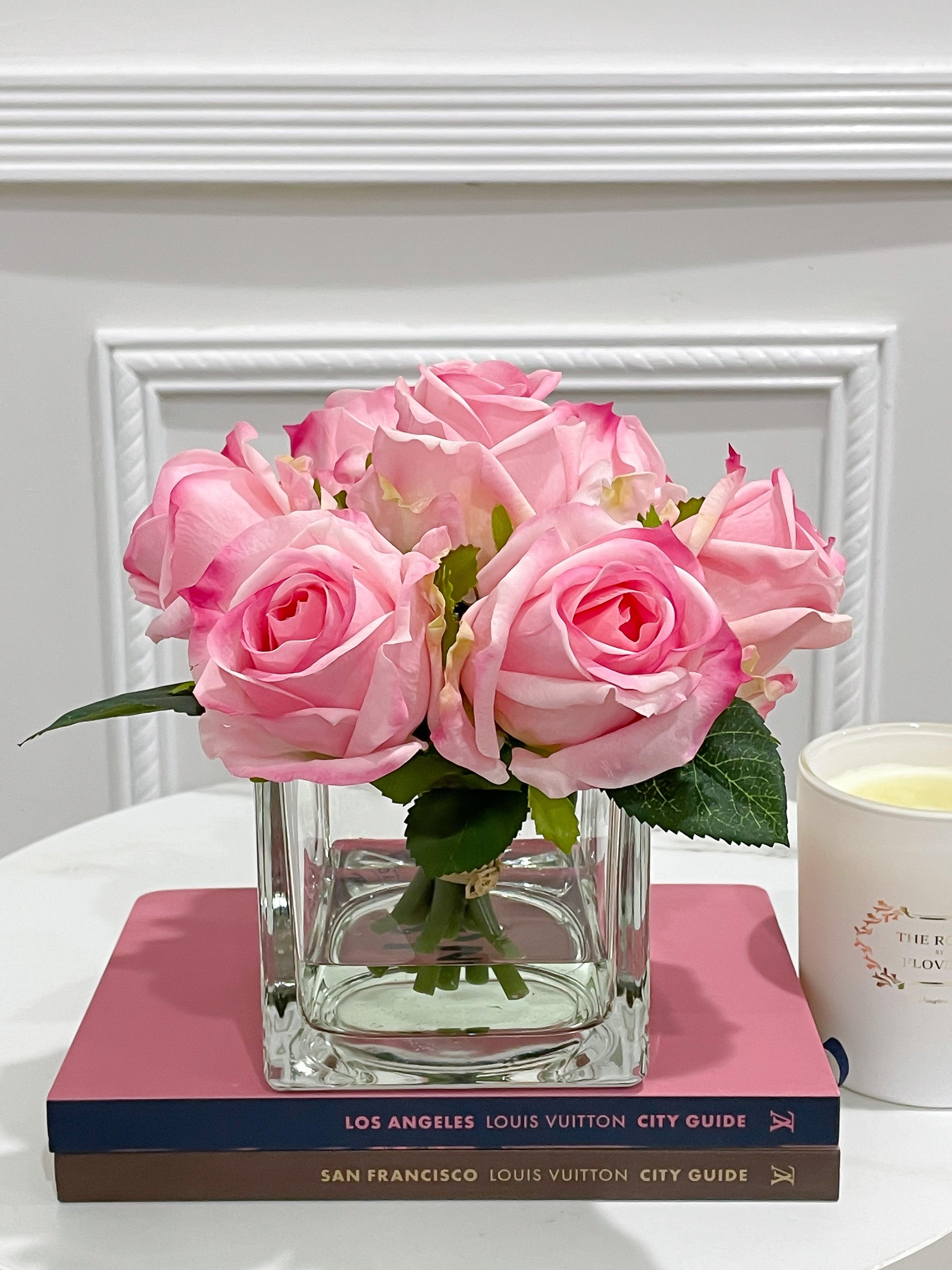 Real Touch Pink Roses Arrangement Square Glass - Flovery
