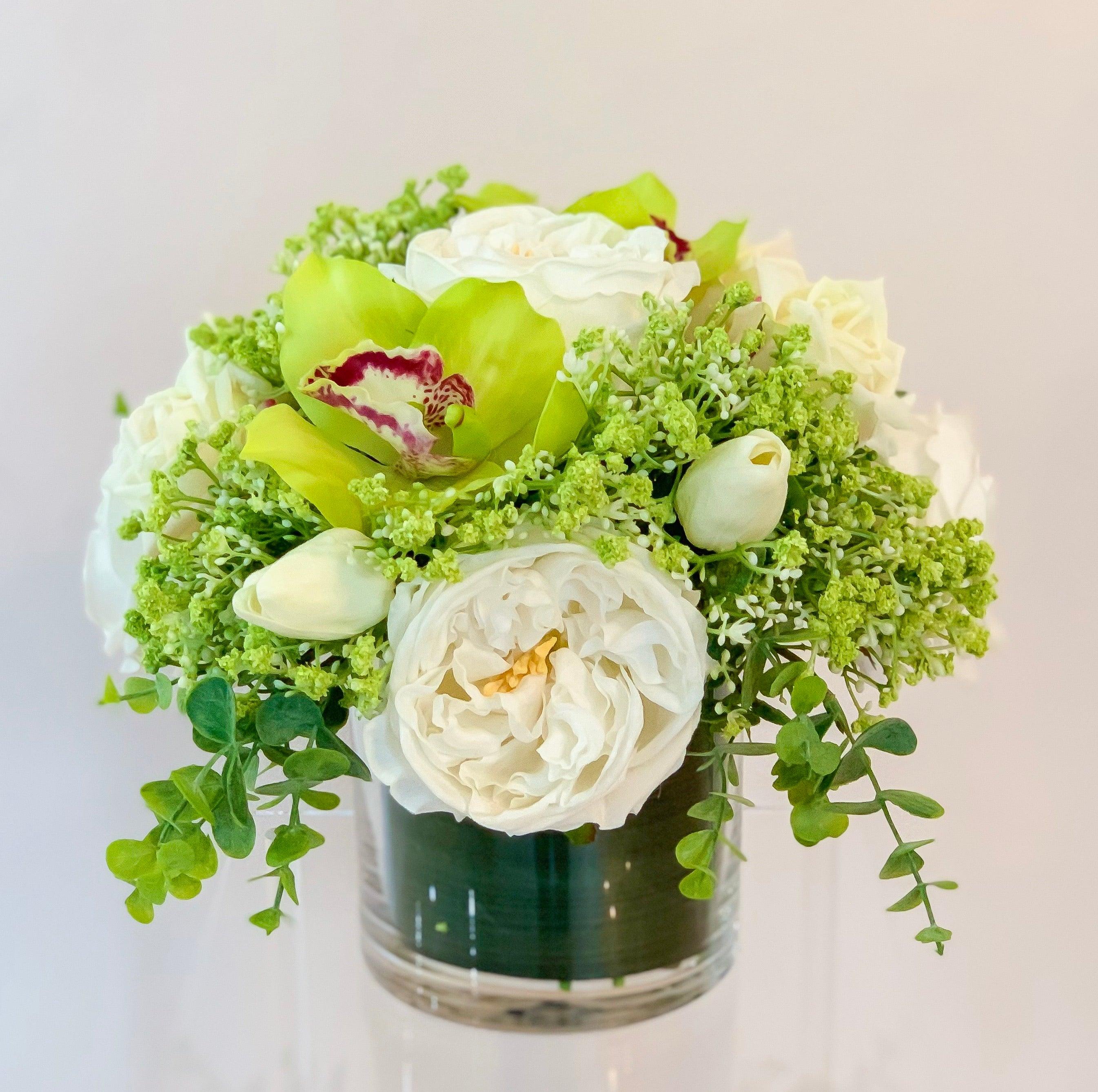 Real Touch White Rose Tulip Green Orchid Arrangement - Faux Flowers Arrangement- Home Decor By Flovery - Flovery