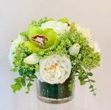 Real Touch White Rose Tulip Green Orchid Arrangement - Faux Flowers Arrangement- Home Decor By Flovery - Flovery