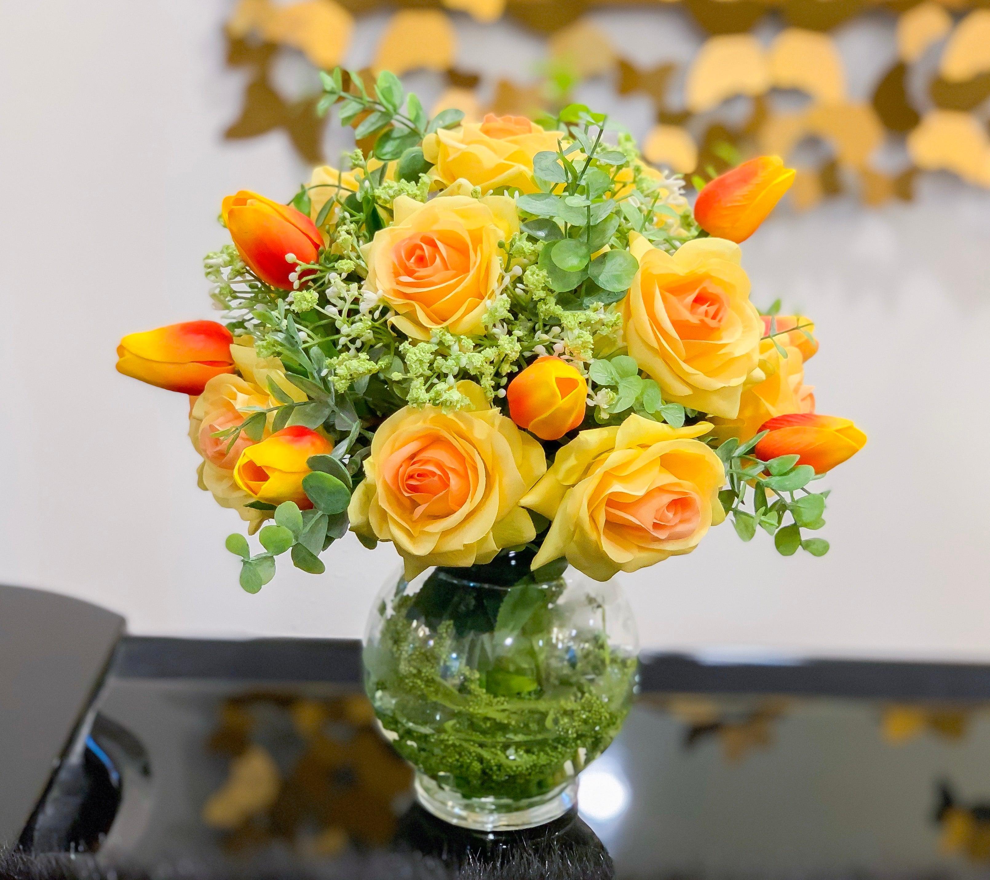 Real Touch Centerpiece-Faux Floral Arrangement- Yellow Centerpiece-Silk Flowers Arrangement-True Touch Rose Arrangements - Flovery