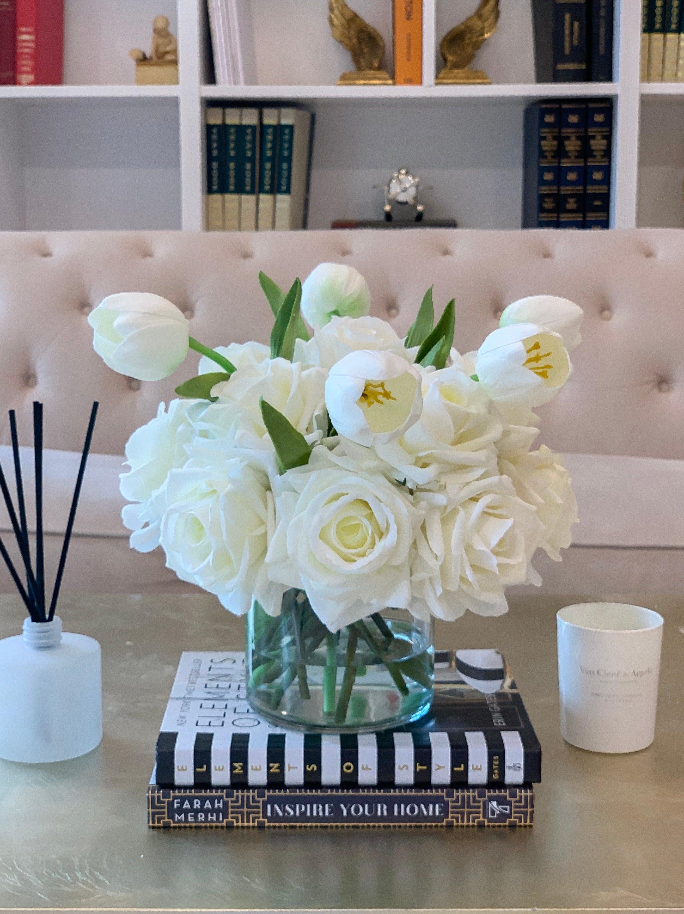 White Real Touch Flower Arrangement-Large Real Touch Rose Arrangement-Tulip Arrangement-Artificial Flower Arrangement-Tulip Centerpiece - Flovery