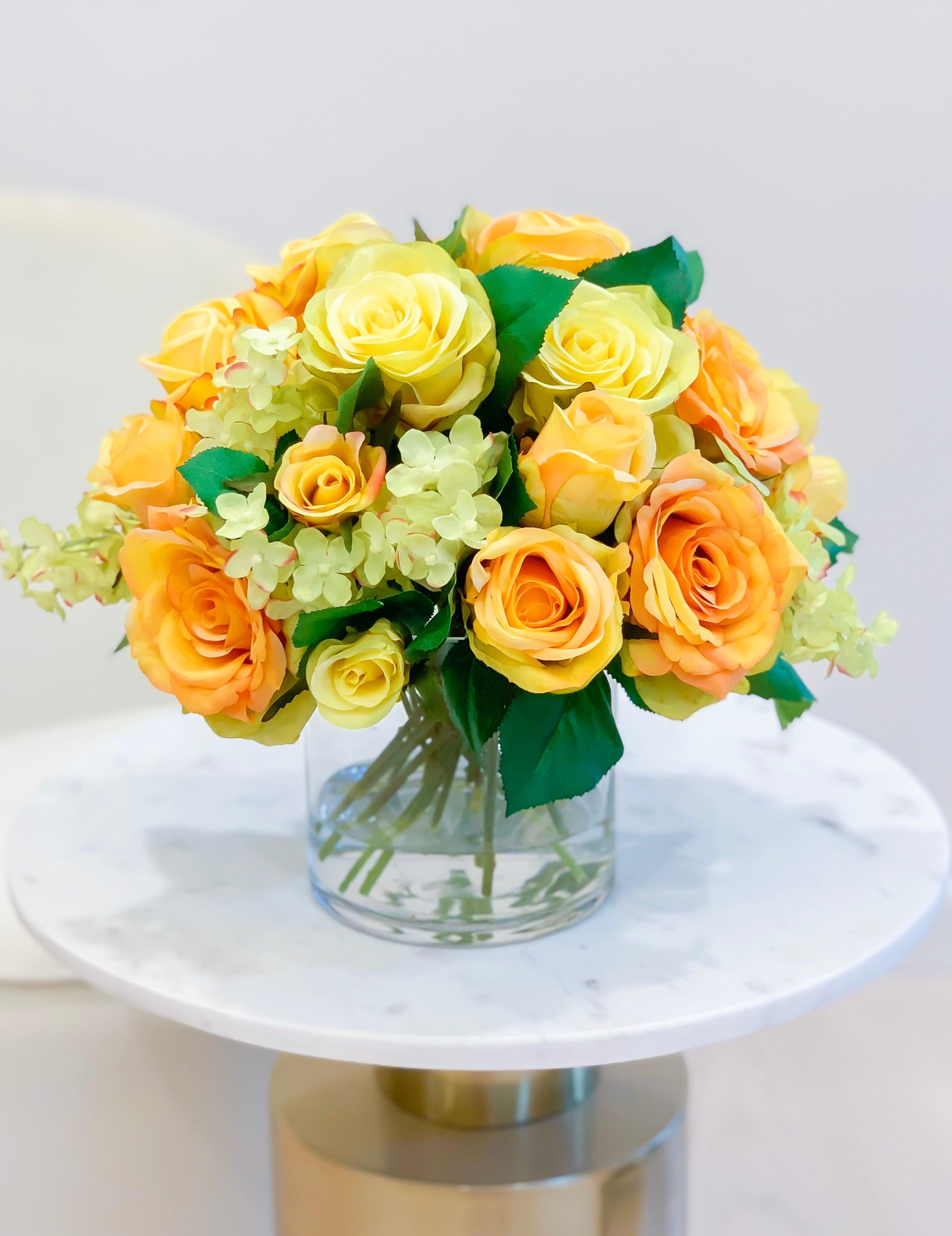 Yellow Artificial Arrangement-Silk Arrangement-Yellow Rose-Centerpiece -Faux Flowers Arrangement-Faux Hydrangea -Orange Roses - Flovery