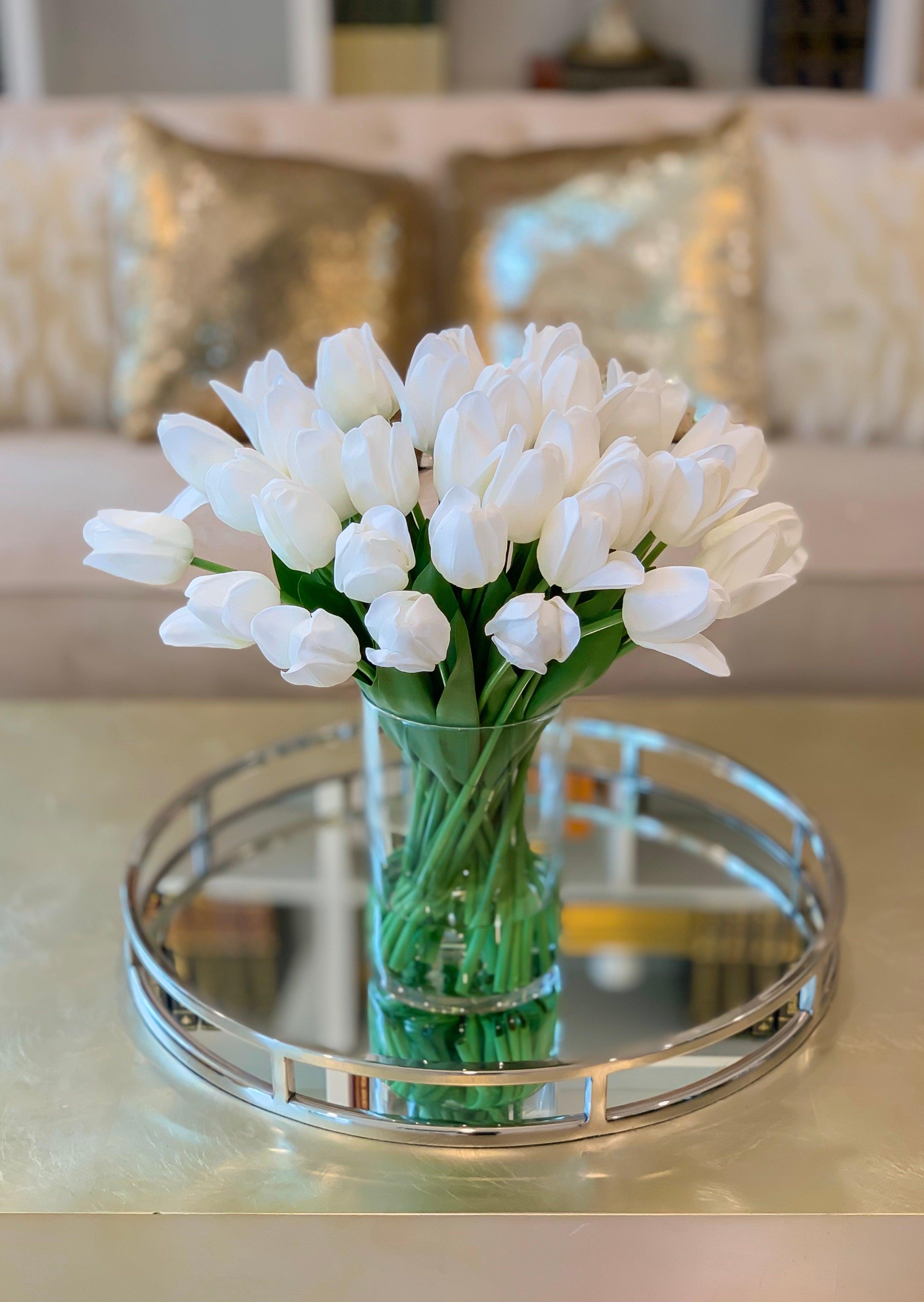Large White Real Touch Tulip Arrangement-40 Tulips Centerpiece-Real Touch Flower Arrangement-Silk Flower Arrangement-Home Decor Arrangement - Flovery Main image