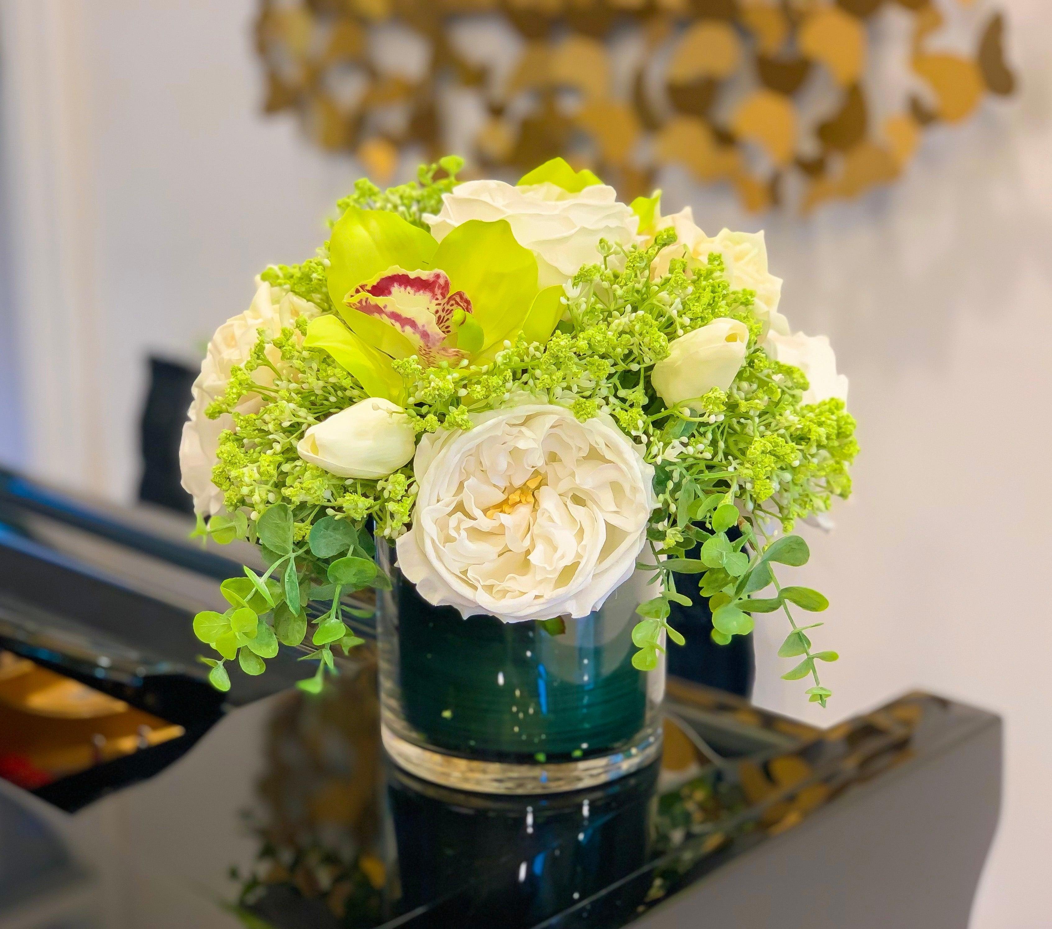 Real Touch White Rose Tulip Green Orchid Arrangement - Faux Flowers Arrangement- Home Decor By Flovery - Flovery