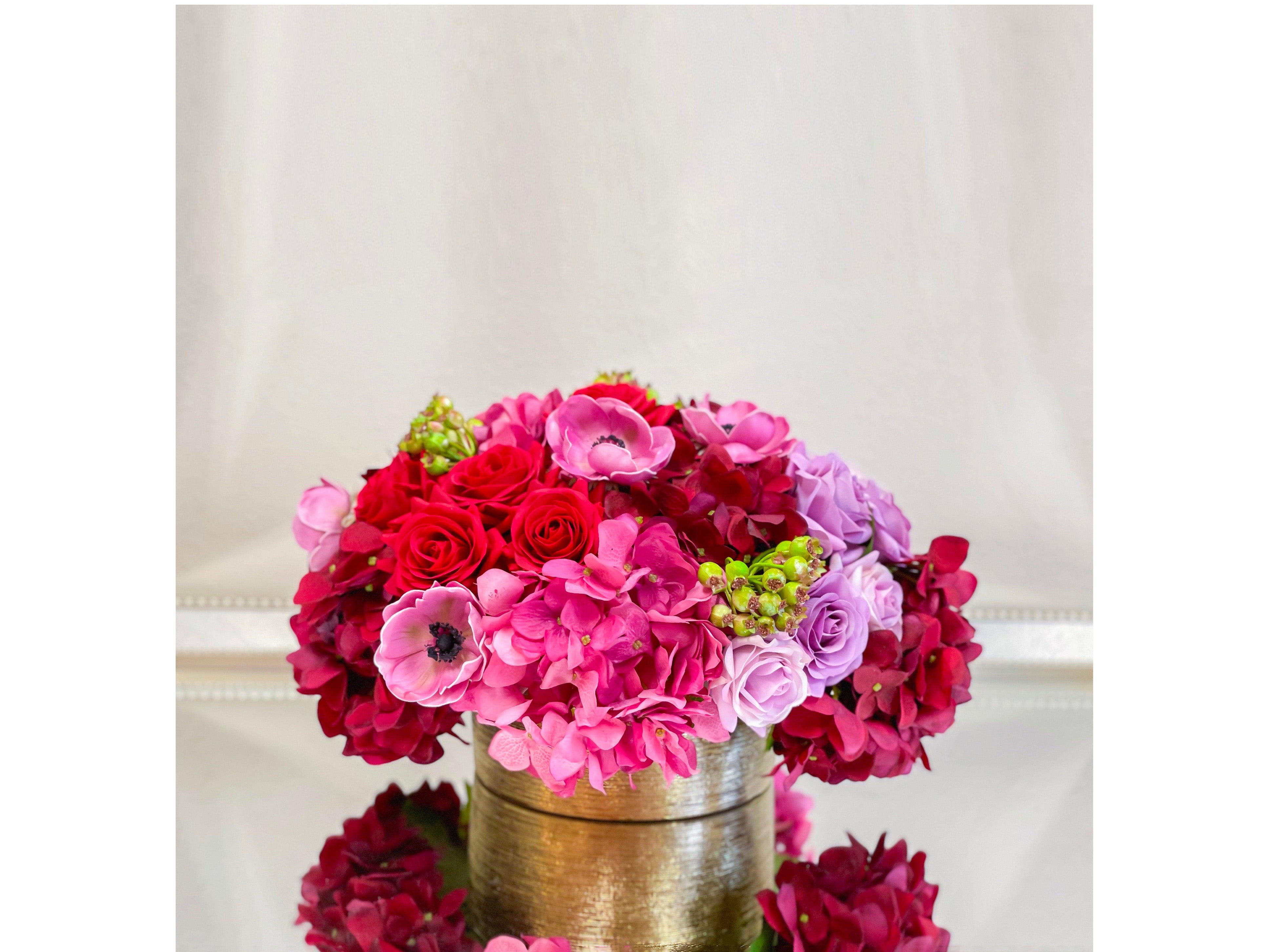 Red Rose Hydrangea Real Touch Arrangement in Gold Vase Main image