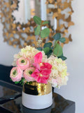 Elegant design Real Touch Hydrangea, Cymbidium Orchid, Ranunculus Arrangement In White Gold Ceramic Vase - Flovery