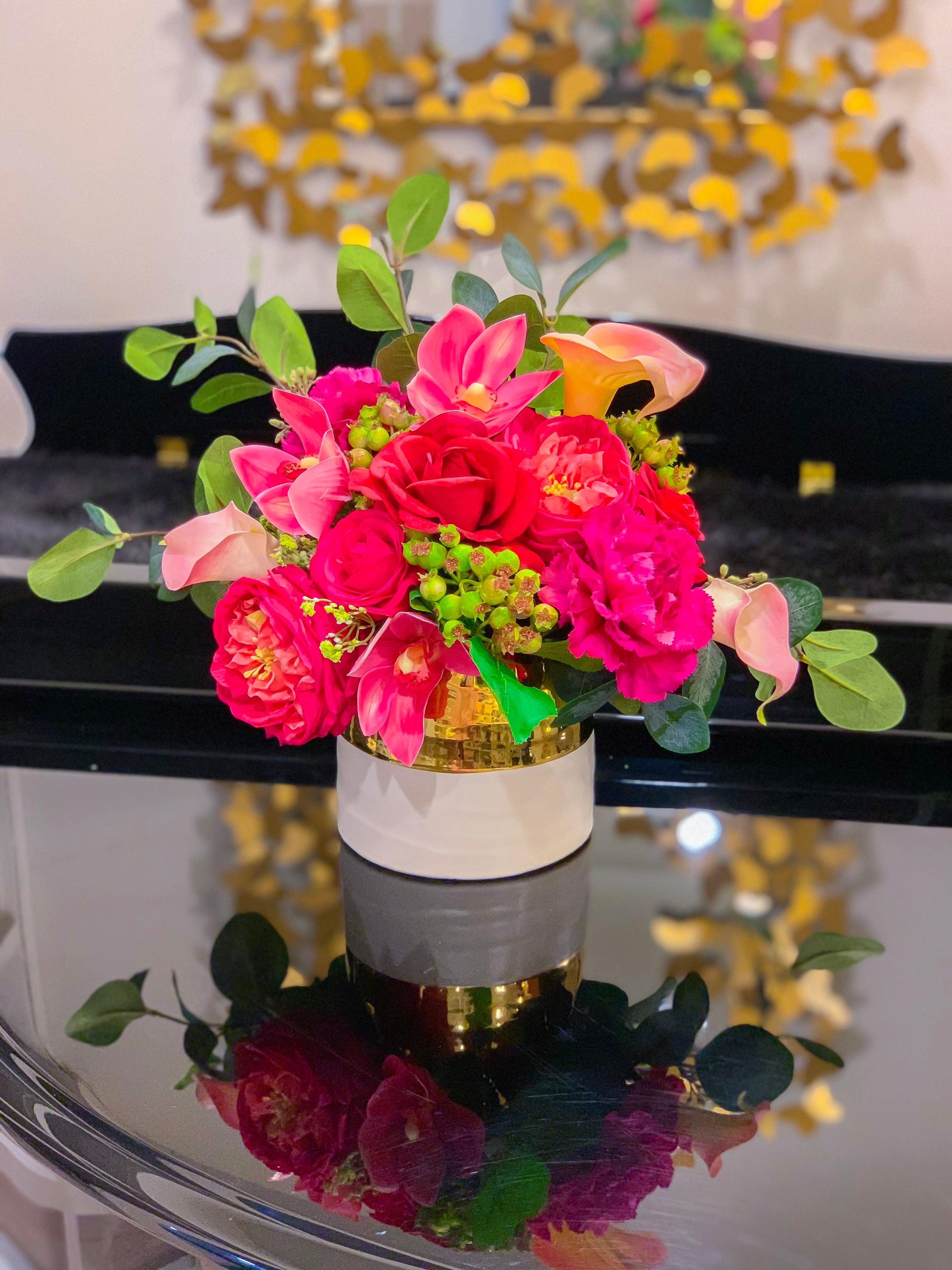 Fuchsia Roses in White Gold Vase Secondary image
