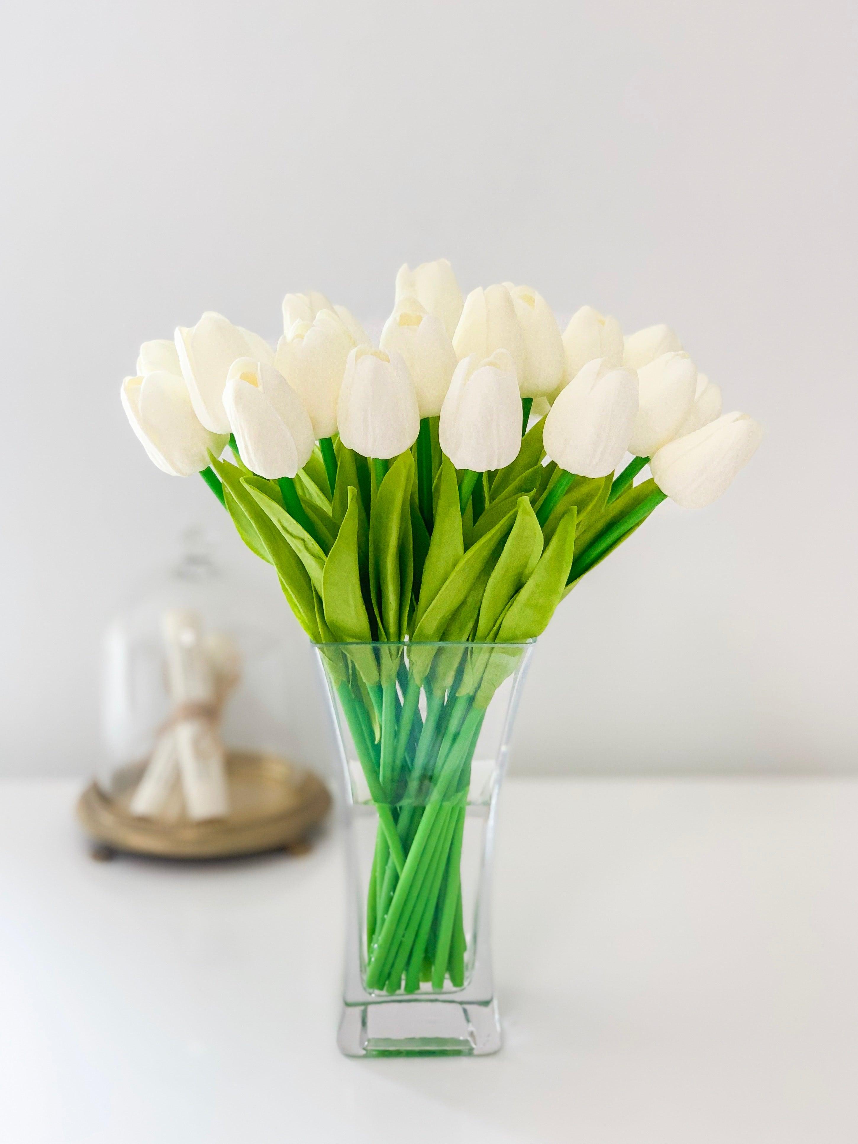 13-in Real Touch White Tulip Arrangement in Glass Vase Secondary image