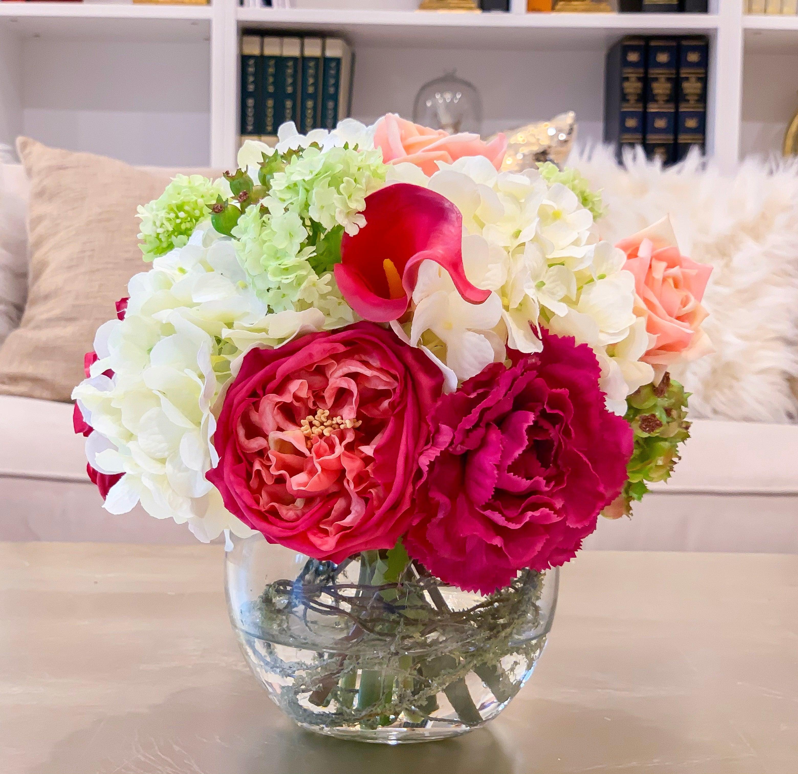 Real Touch Centerpiece English Magenta Roses Arrangement Mixed Pink Rose,  Carnation And White Hydrangea - Faux Arrangement - Flovery