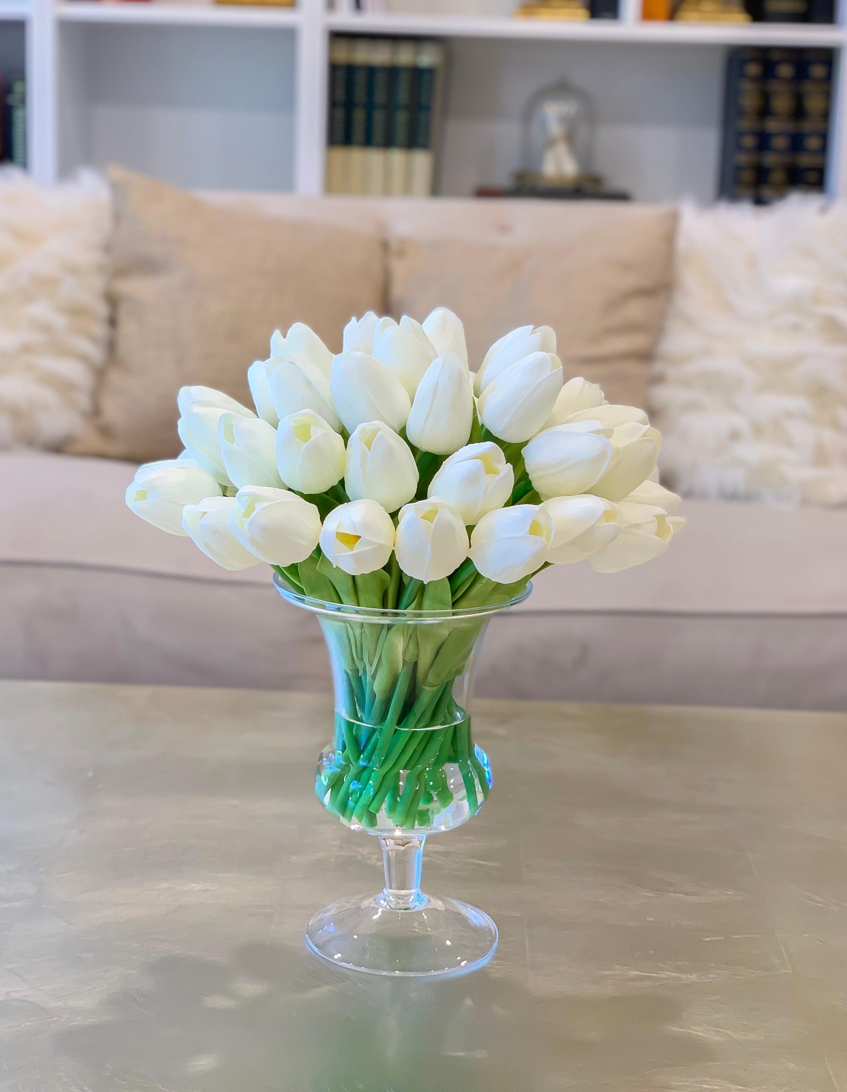 Real Touch White Tulips Centerpiece for Dining Table in Tall Vase- Faux Arrangement-Floral Arrangement - Flovery