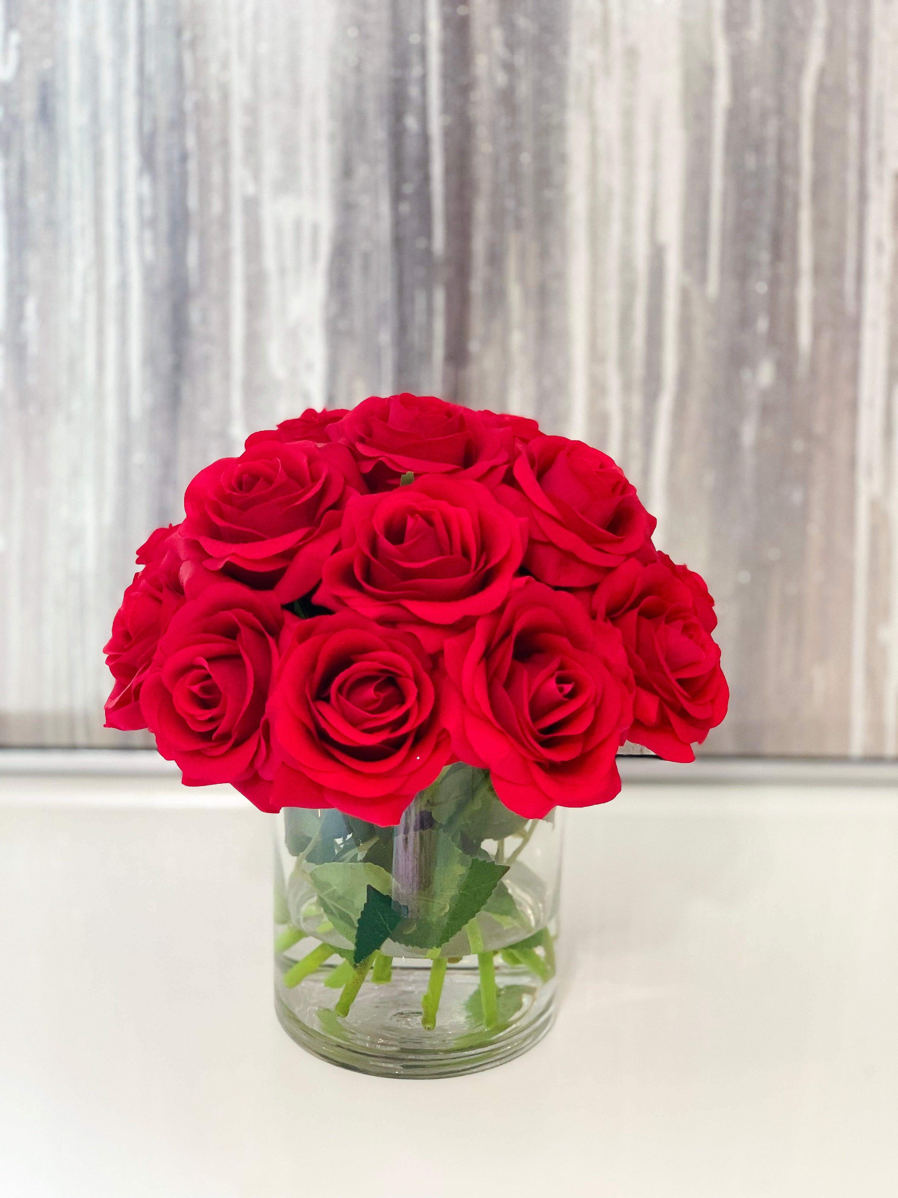 Real Touch Red Rose Arrangement Cylinder Glass - Flovery Main image