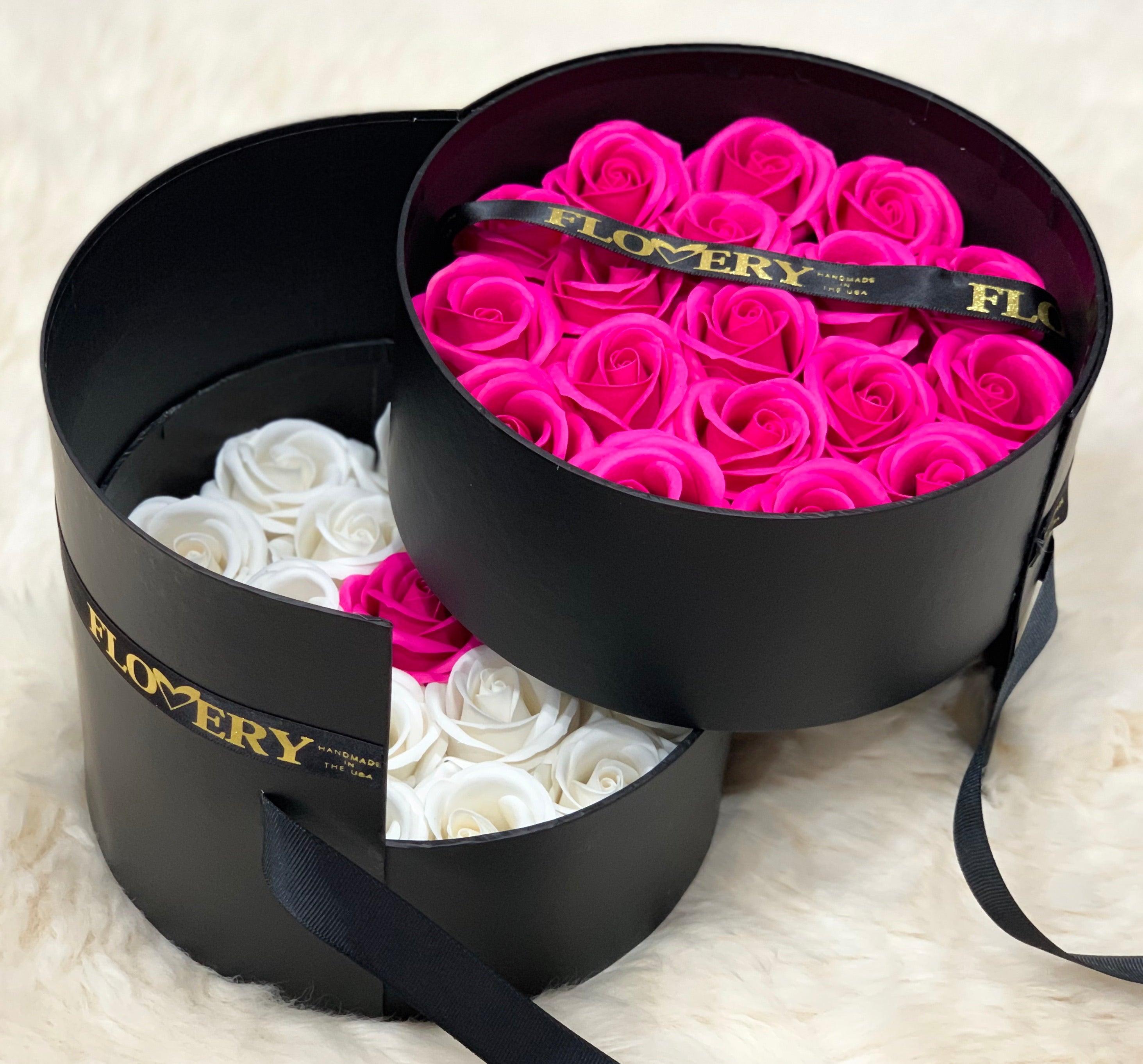 Scented Soap Mixed Hot Pink and White Rose In Elegant Double Gift Box - Flovery