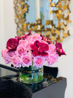 Large elegant arrangement with finest real touch purple roses and orchid - Flovery