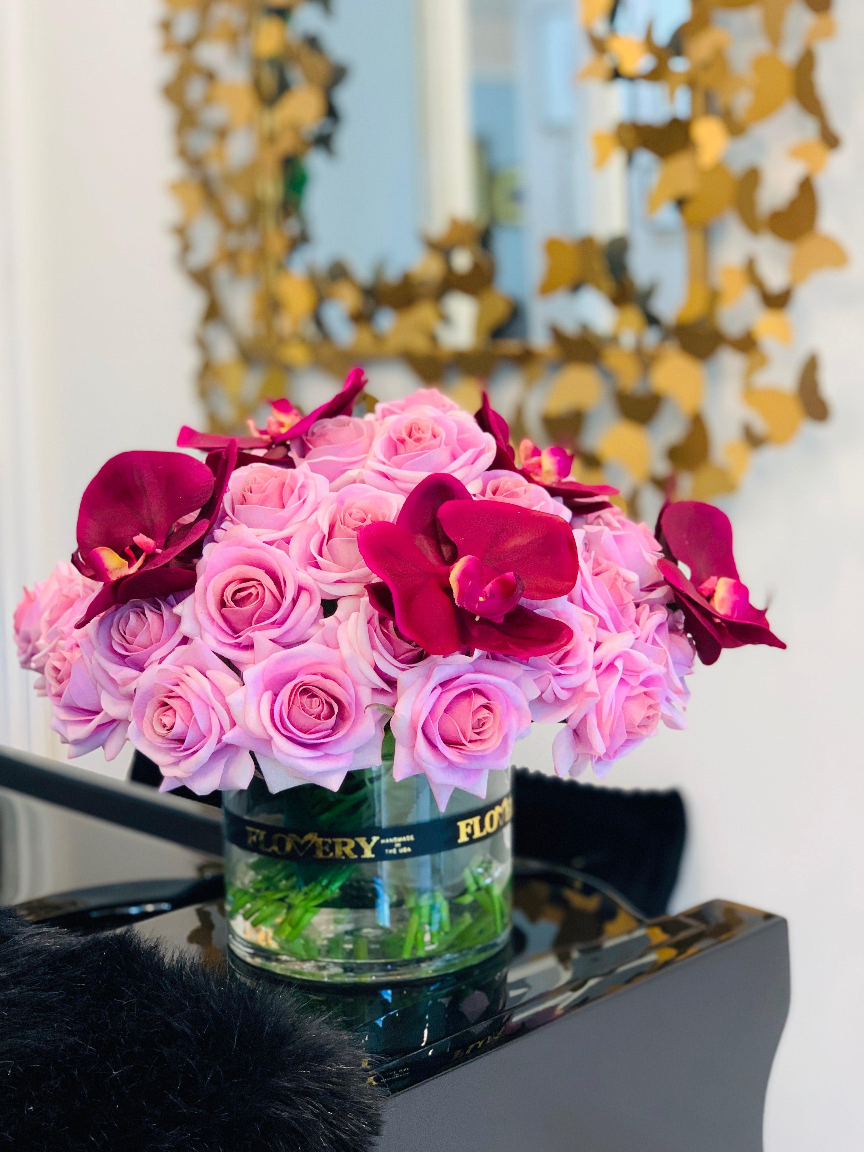 Large elegant arrangement with finest real touch purple roses and orchid - Flovery