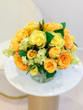 Yellow Artificial Arrangement-Silk Arrangement-Yellow Rose-Centerpiece -Faux Flowers Arrangement-Faux Hydrangea -Orange Roses - Flovery