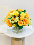 Yellow Artificial Arrangement-Silk Arrangement-Yellow Rose-Centerpiece -Faux Flowers Arrangement-Faux Hydrangea -Orange Roses - Flovery