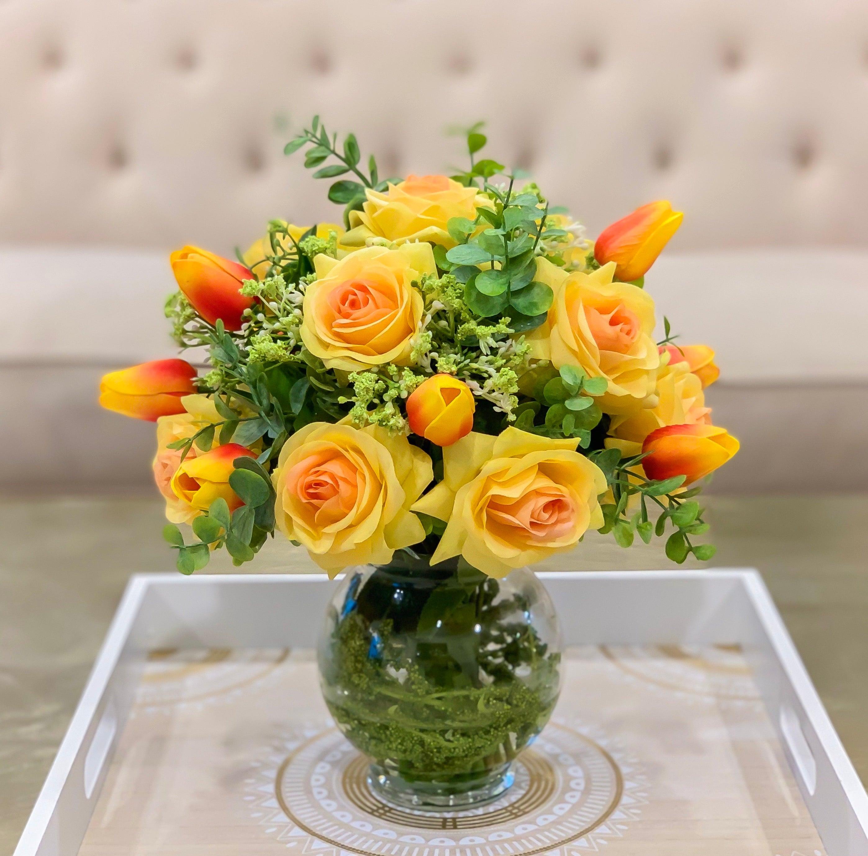 Real Touch Centerpiece-Faux Floral Arrangement- Yellow Centerpiece-Silk Flowers Arrangement-True Touch Rose Arrangements - Flovery