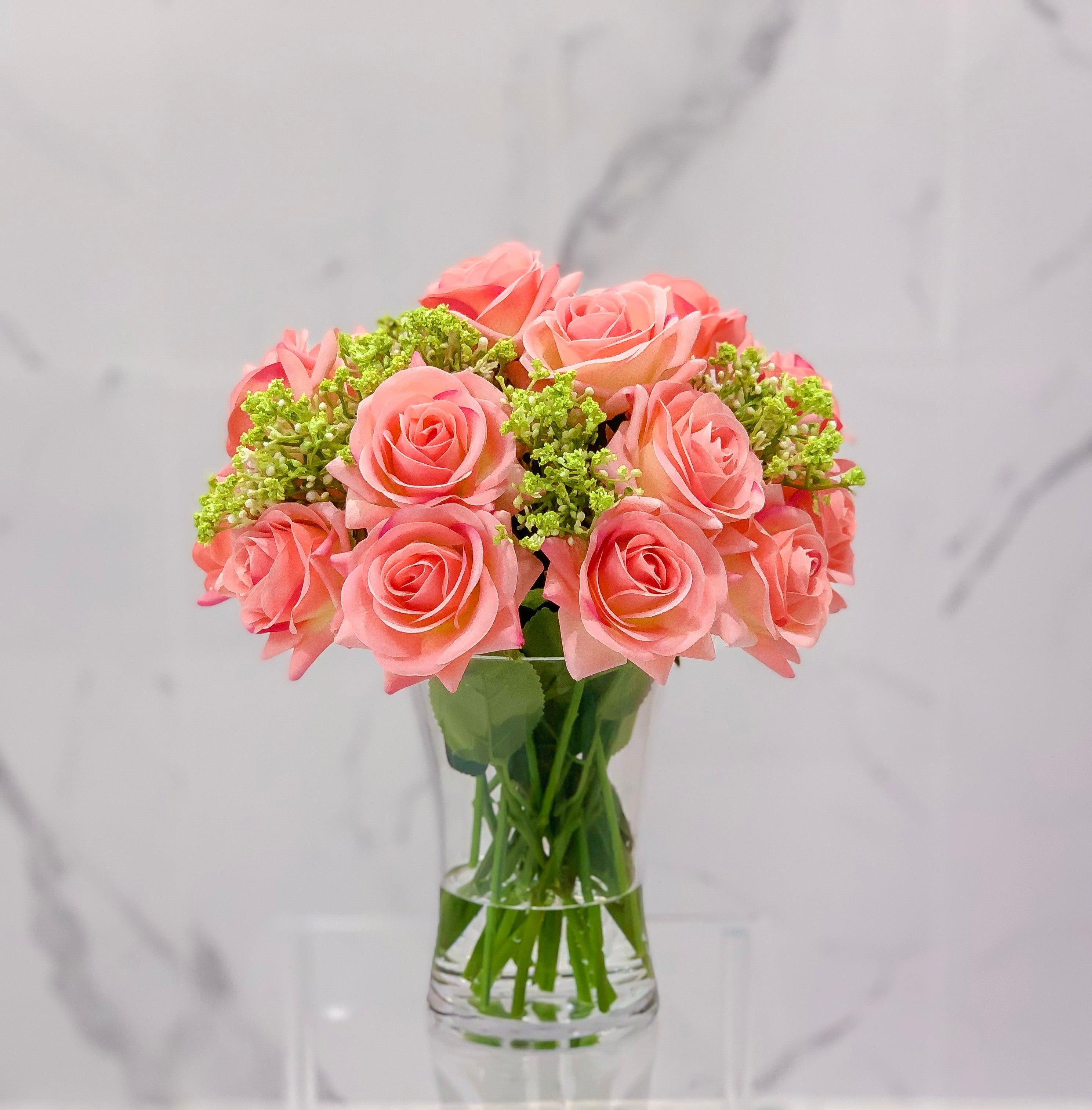 Real Touch Pink Peach Rose Mixed Green Arrangement - Flovery