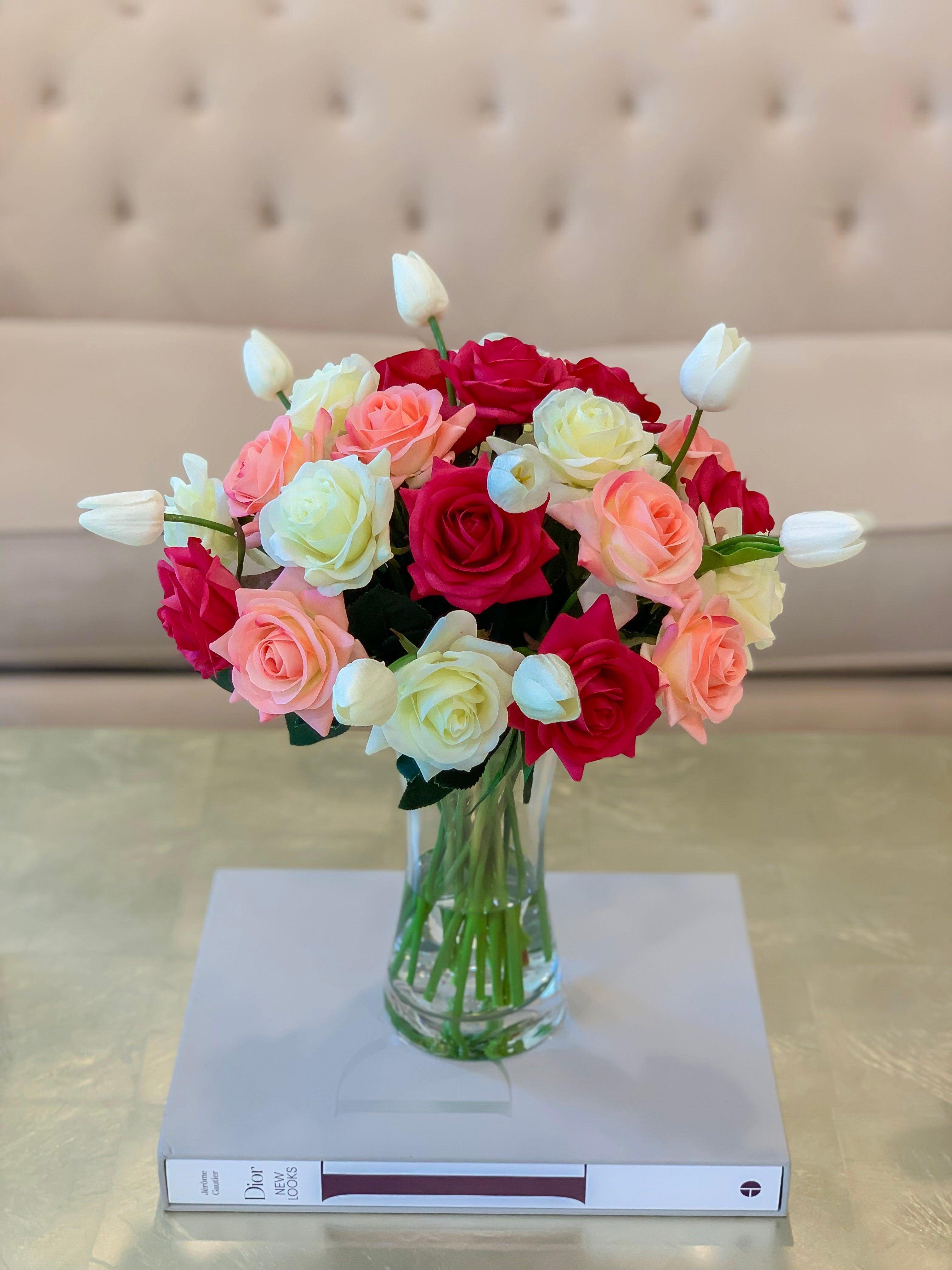 Large Real Touch Flowers Arrangement - Fake Flower - True Touch Roses, Tulip - mixed Colors Roses  - All Occasion - Flovery