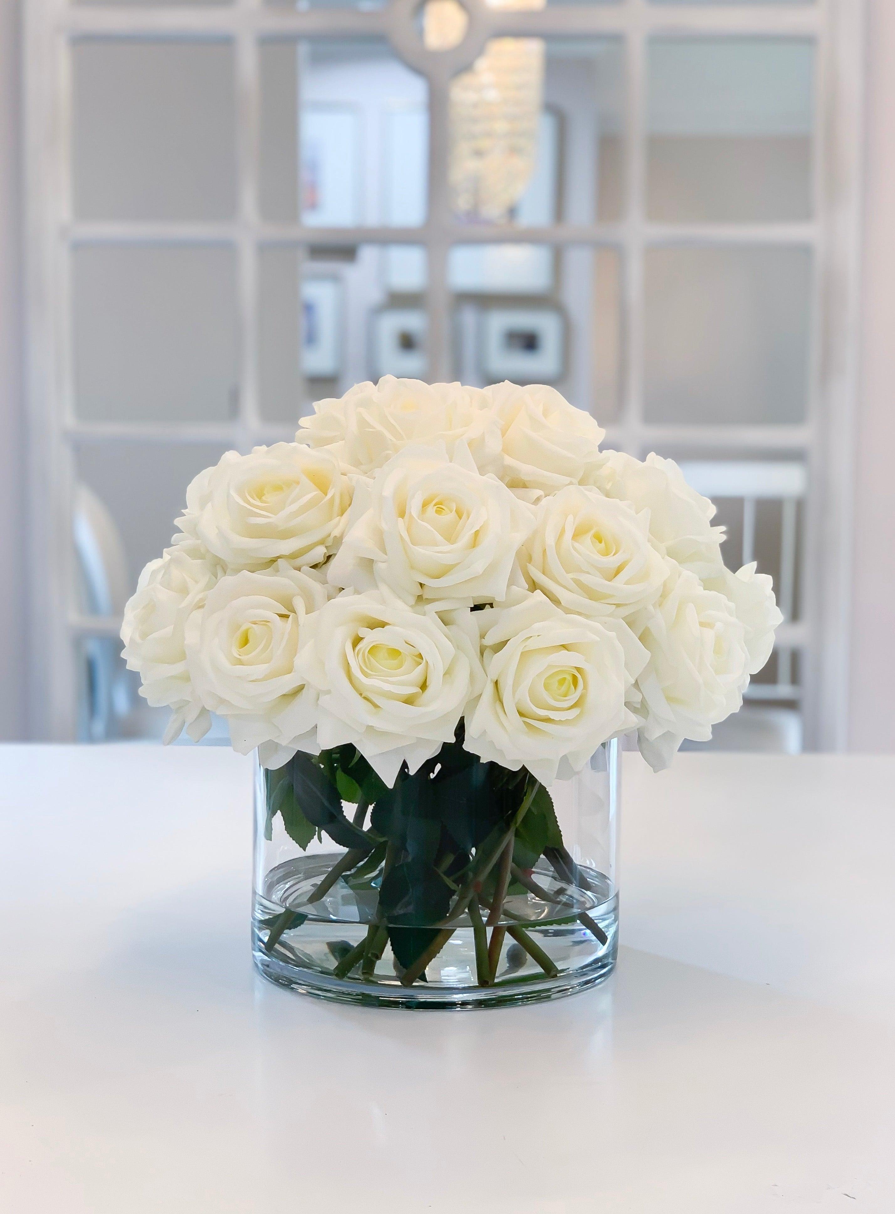 Giant White Rose Real Touch Flower Arrangement In Vase-Large Dining Table Centerpiece-White Real Touch Floral Arrangement Home Decor - Flovery