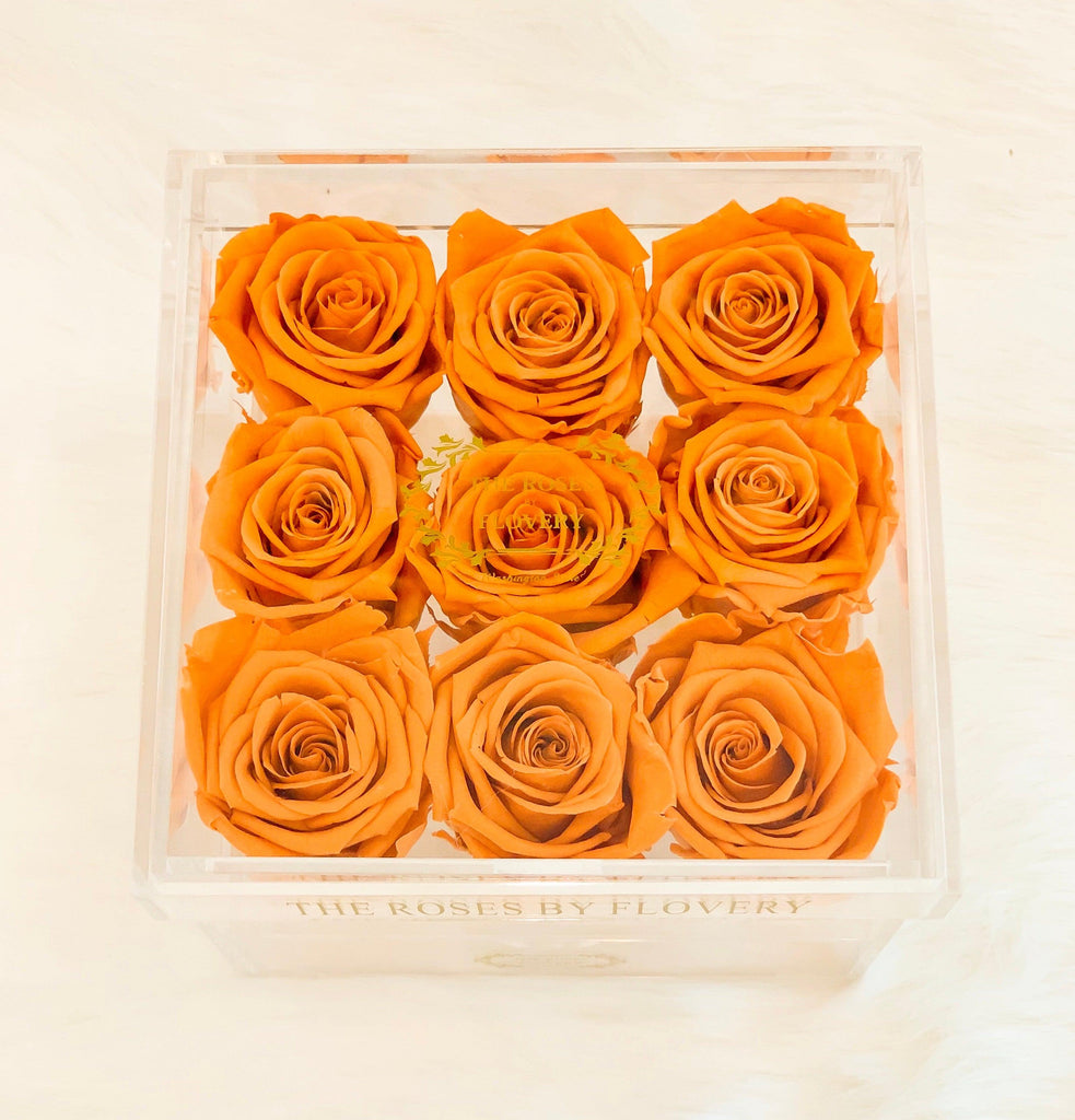 Premium Ecuador preserved orange roses in elegant acrylic box Flovery