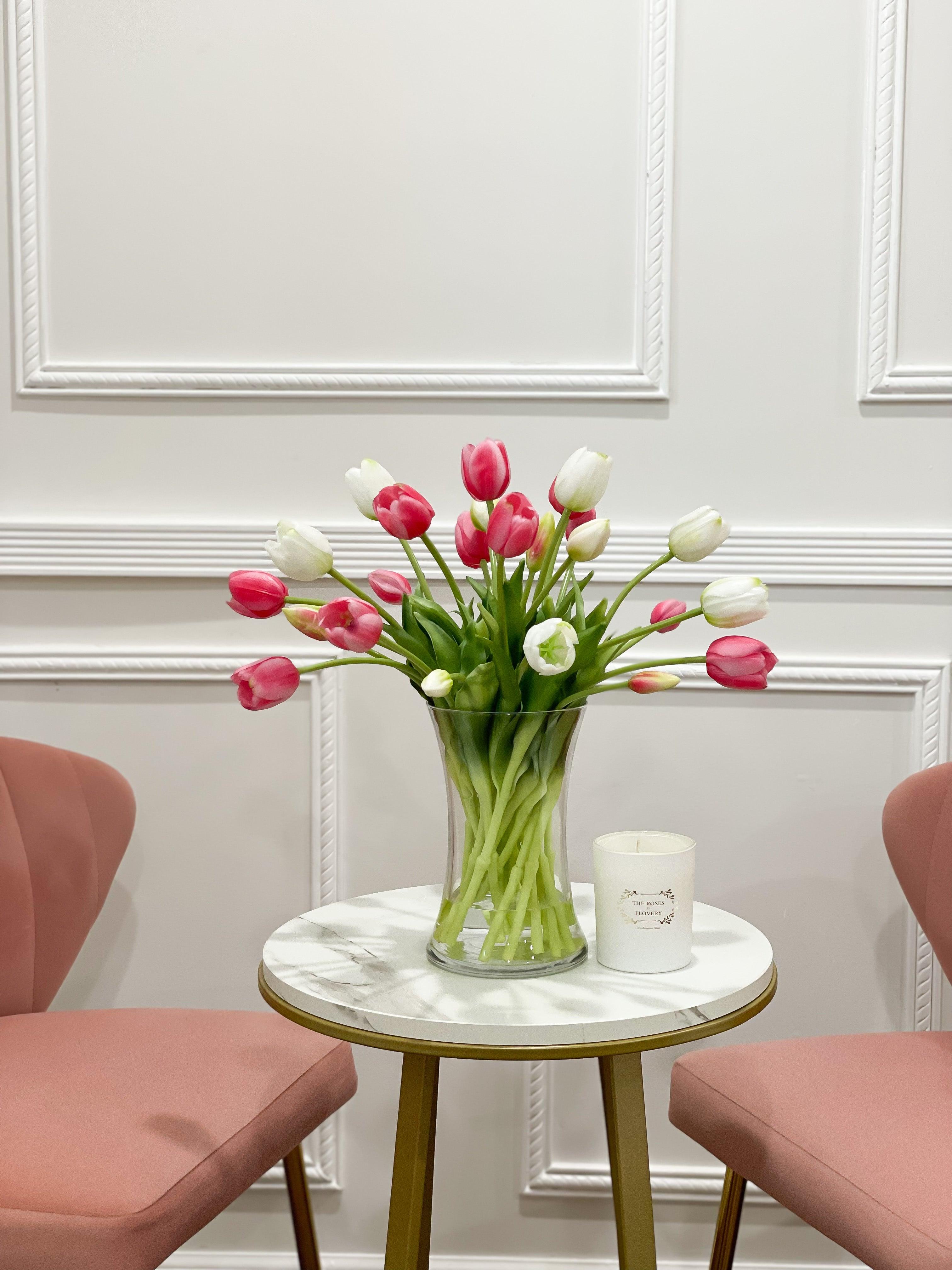 Real Touch Pink White Tulip Centerpiece - Flovery